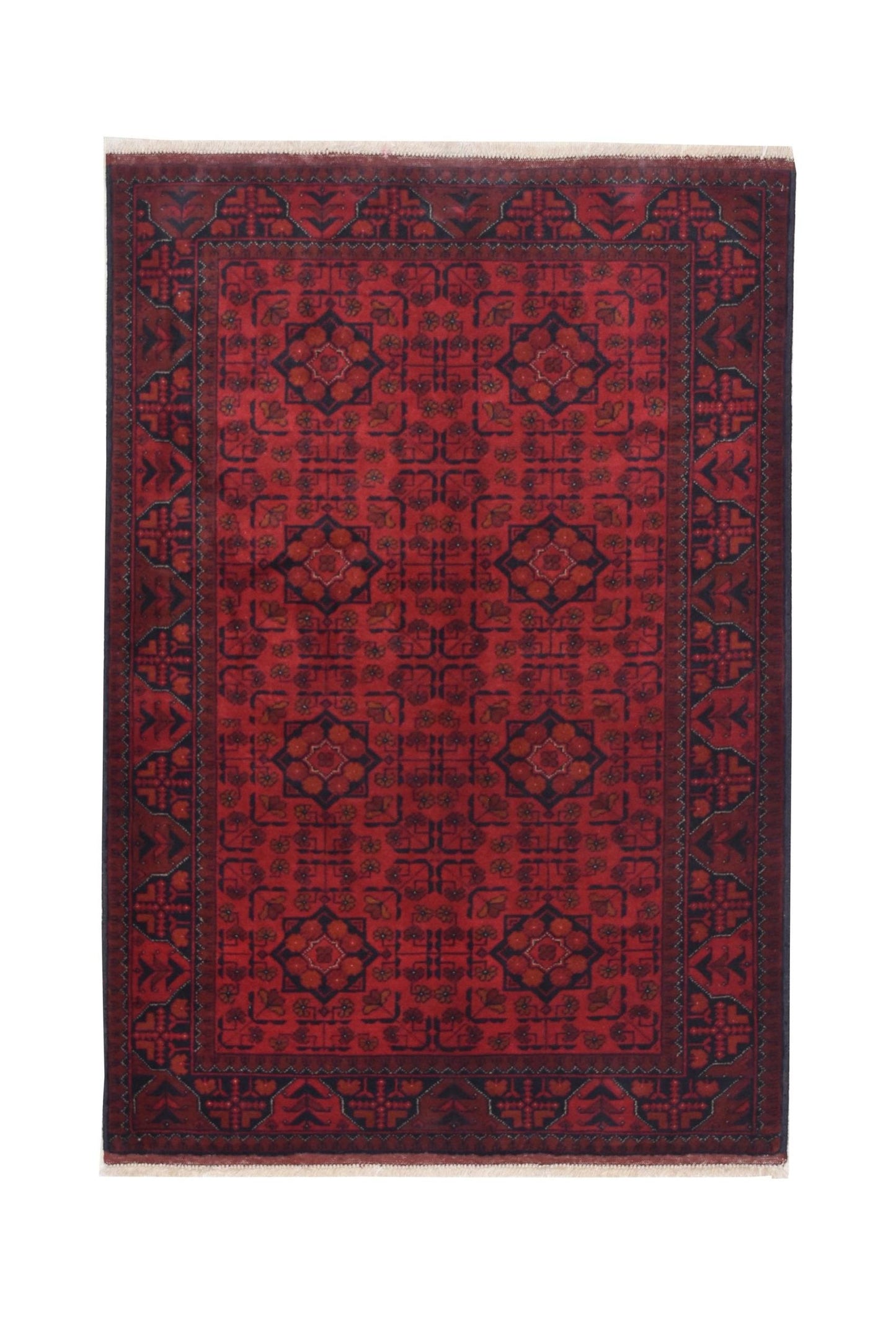 Handmade Afghan Khal Mohammadi wool rug featuring a deep red field with geometric patterns.