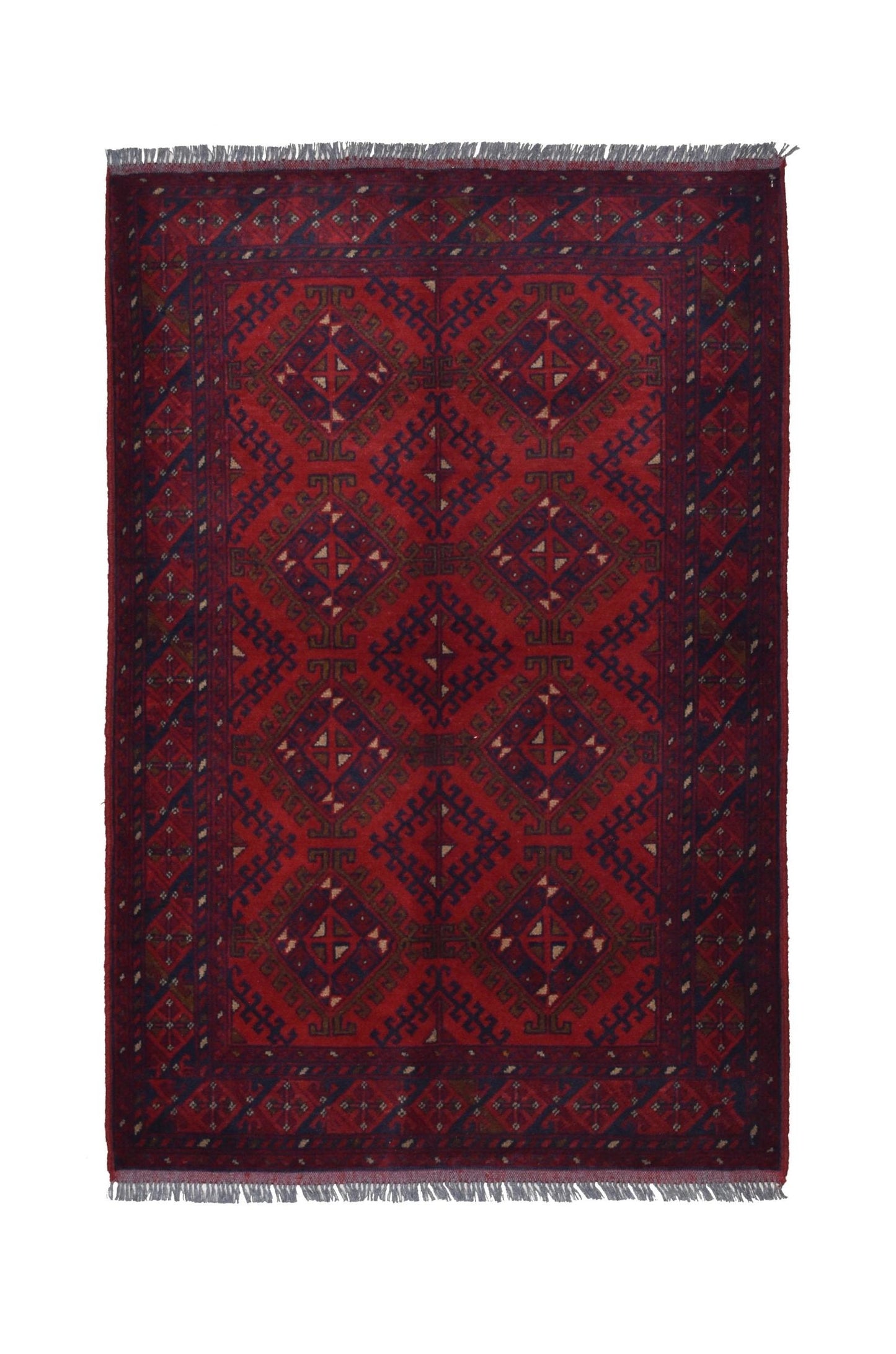 Handmade Afghan Khal Mohammadi wool rug featuring a deep red field with geometric patterns.