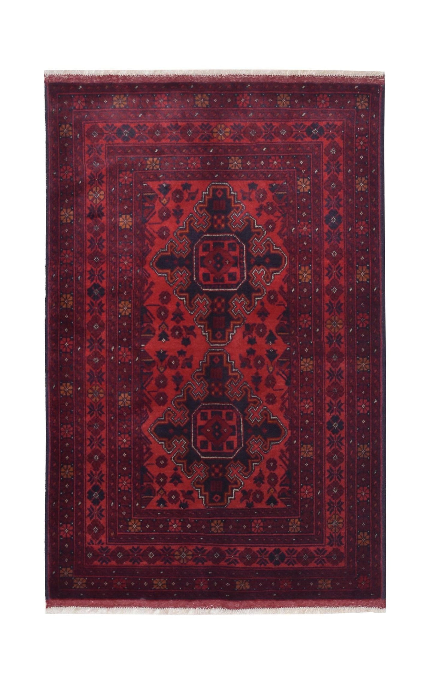 Handmade Afghan Khal Mohammadi wool rug featuring deep red tones and geometric patterns.