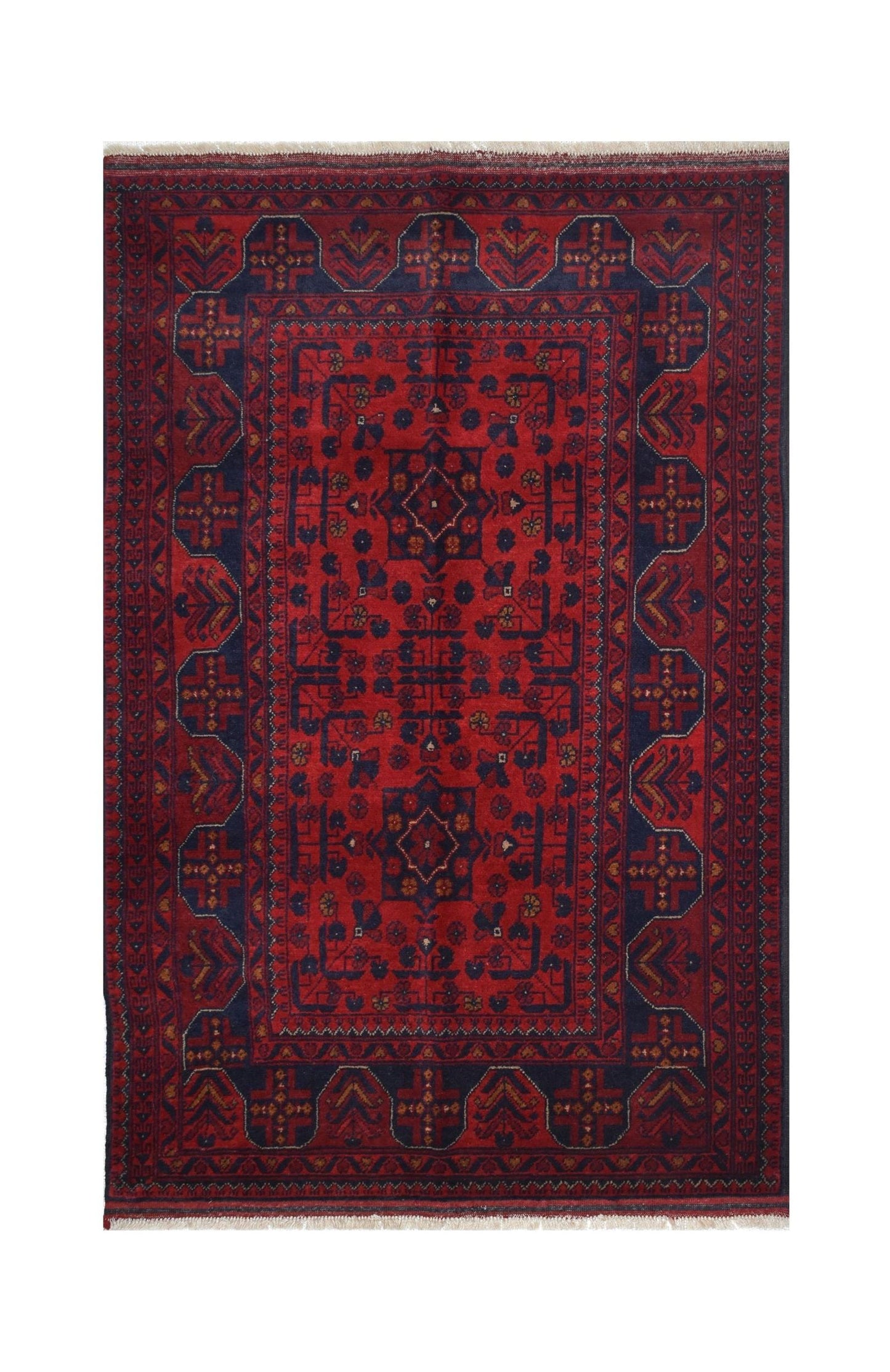 Handmade Afghan Khal Mohammadi wool rug featuring deep red tones and geometric patterns.