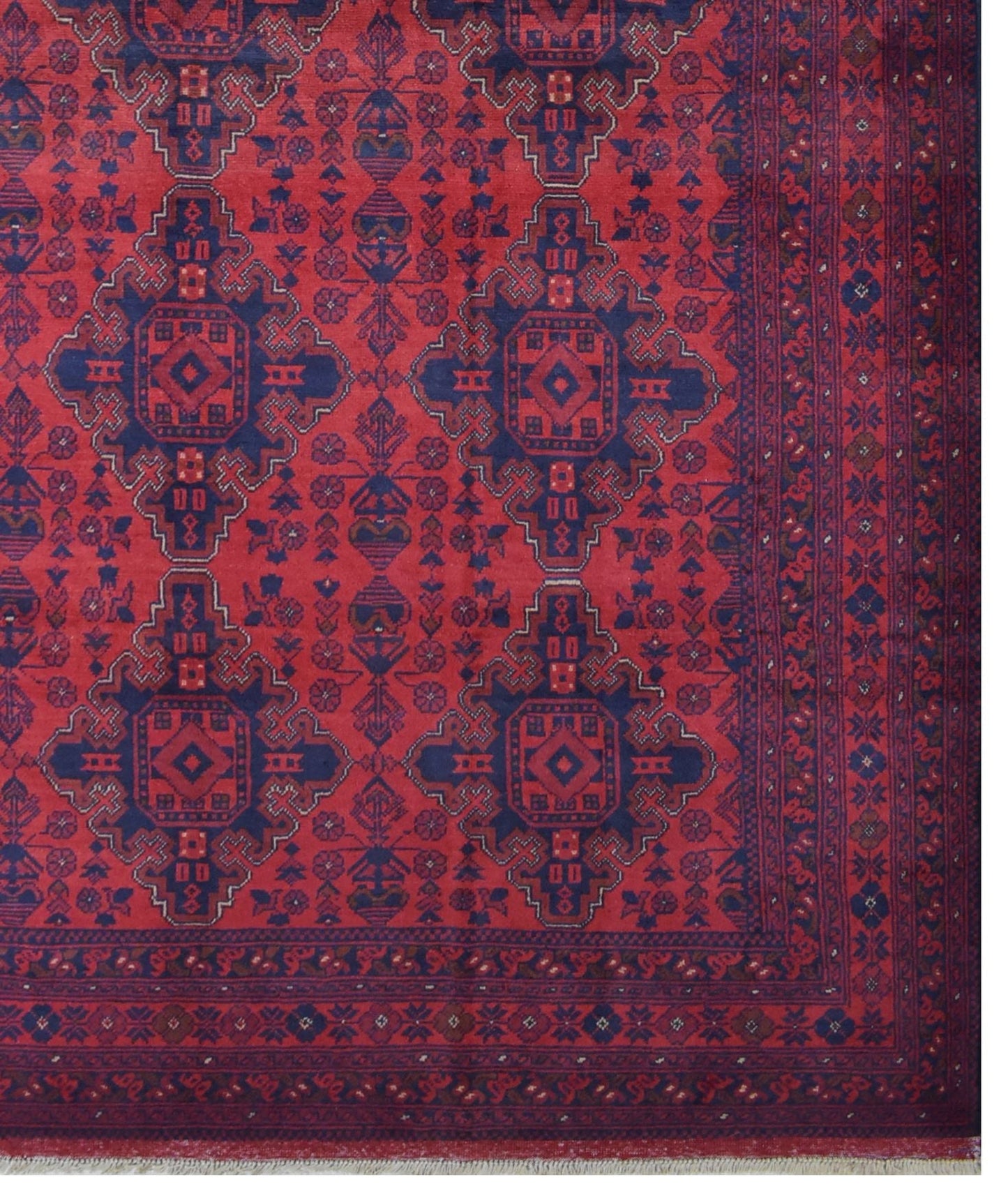 Handmade Afghan Khal Mohammadi rug featuring deep red tones and geometric blue patterns.