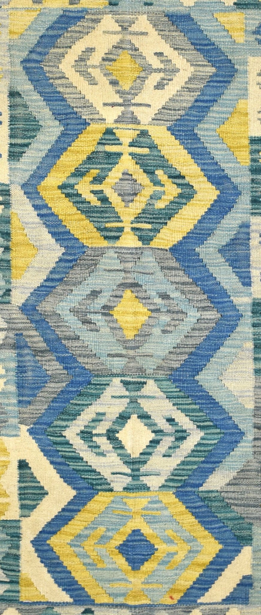 Handmade Afghan Maimana kilim rug featuring a repeating geometric diamond pattern in blue and yellow.