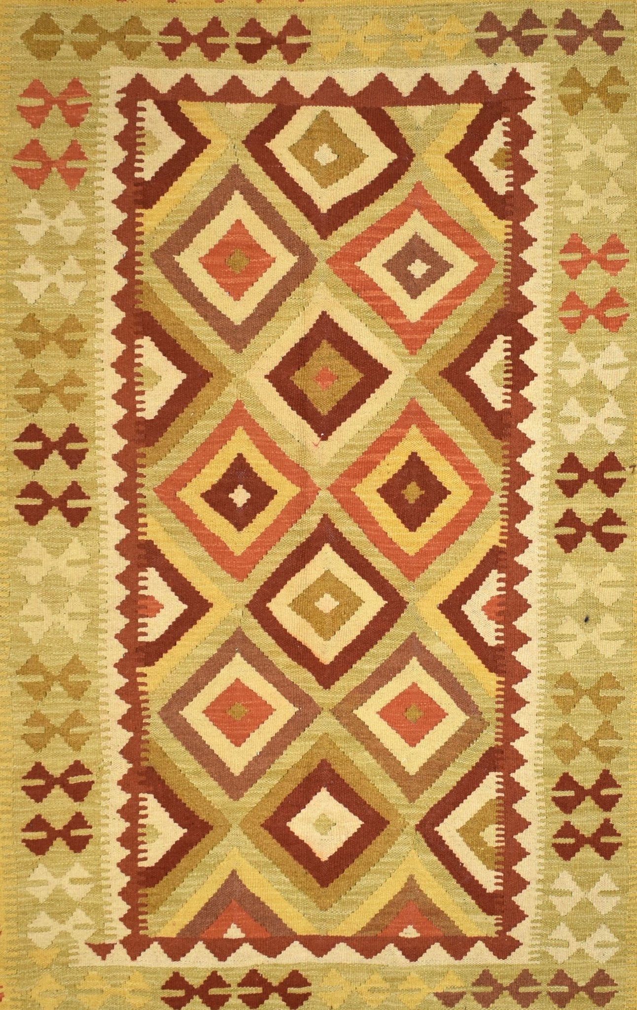Handmade Afghan Maimana kilim rug featuring a geometric diamond pattern in warm earth tones.