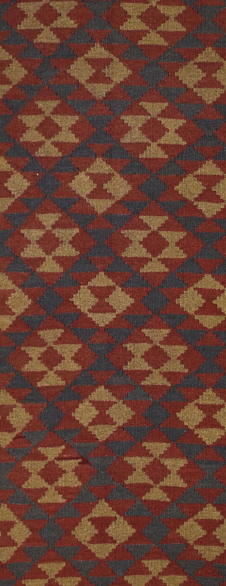 Handmade Afghan Maimana kilim rug featuring a repeating geometric pattern in red, gold, and grey.