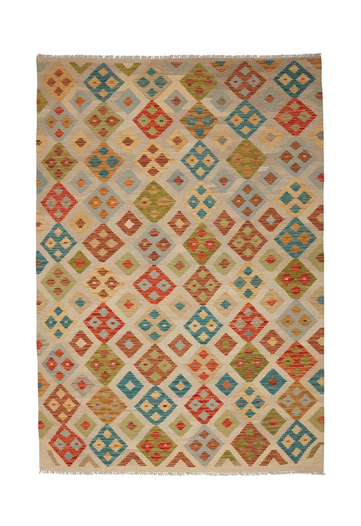 Handmade Afghan Maimana kilim rug featuring a colorful geometric diamond pattern on a beige base.