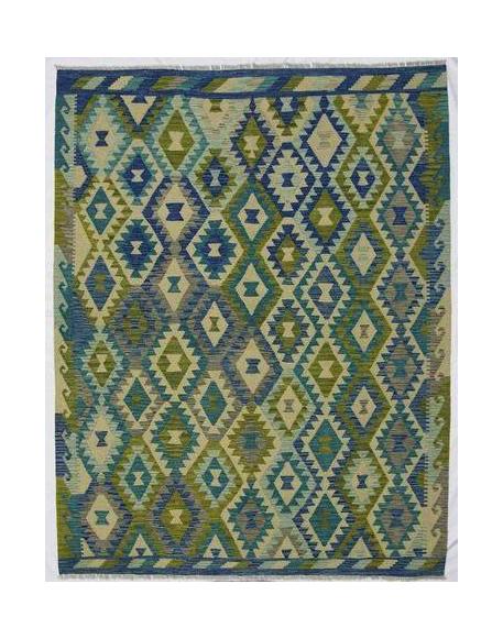 Handmade Afghan Maimana kilim rug featuring a geometric diamond pattern in blue and green tones.