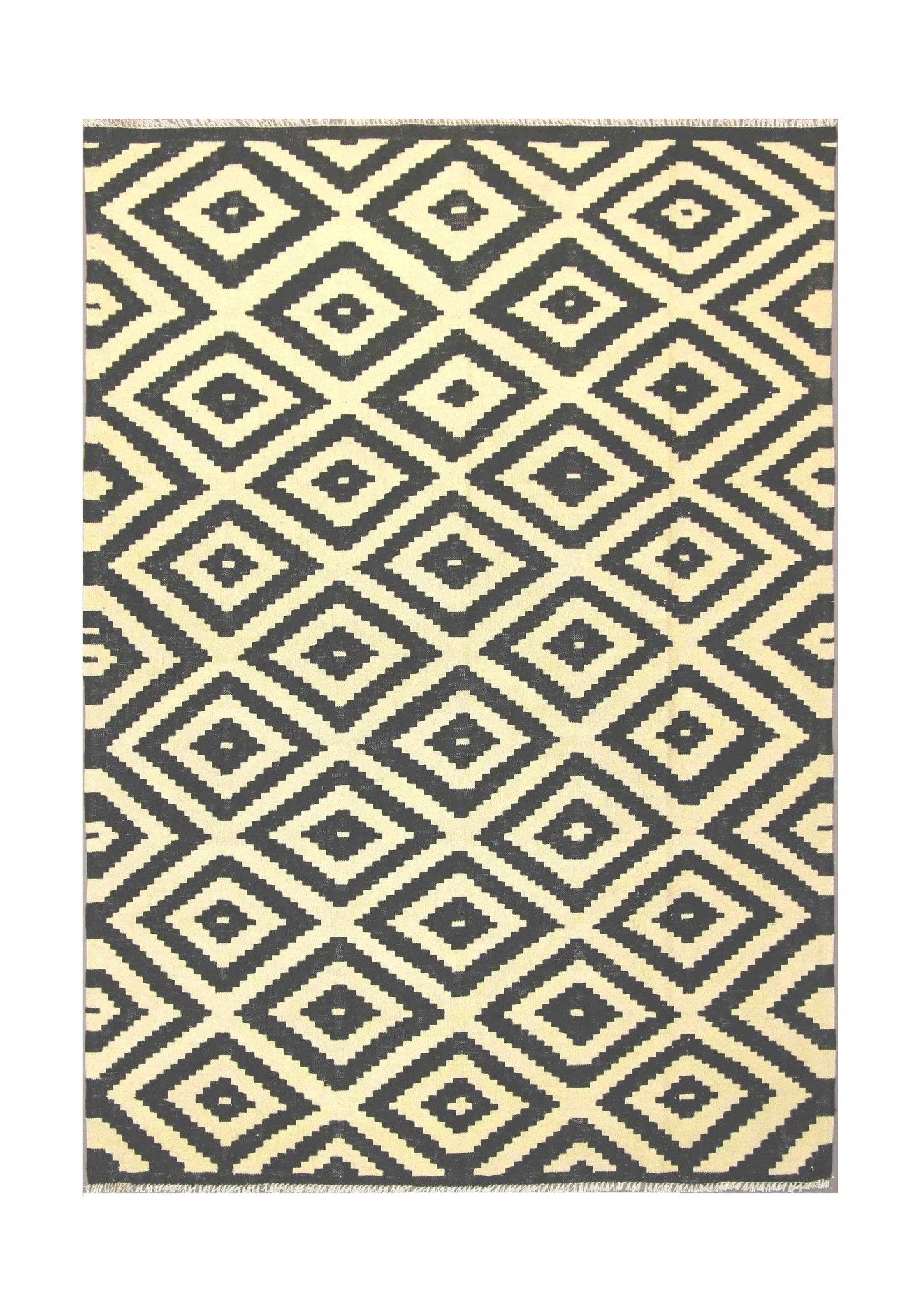 Handmade Afghan Maimana kilim rug featuring a repeating black and cream geometric diamond pattern.