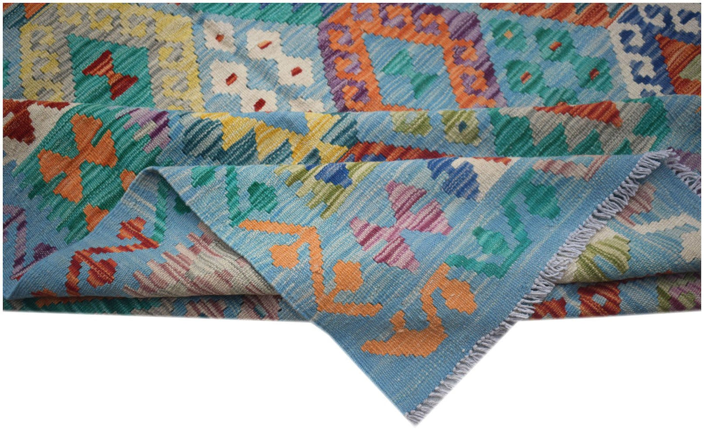 Handwoven Afghan Maimana kilim rug featuring a vibrant geometric pattern in wool.