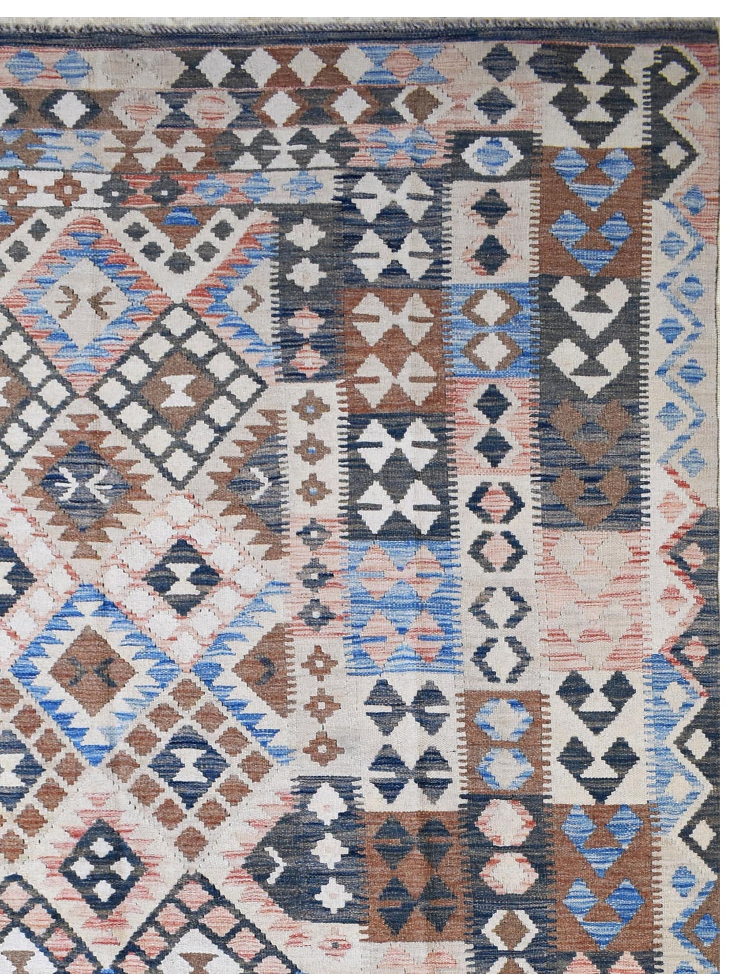 Handmade Afghan Maimana kilim rug featuring a geometric pattern in blue, brown, and cream tones.
