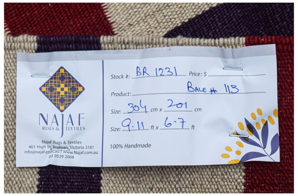 Afghan Maimana Kilim with geometric pattern and handwritten tag.