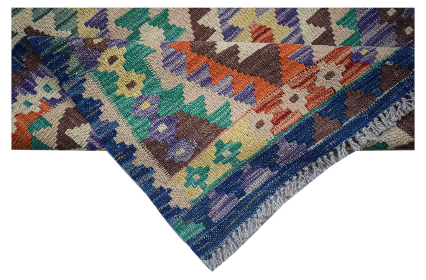 Afghan Maimana Kilim Runner with geometric patterns in multiple colors.