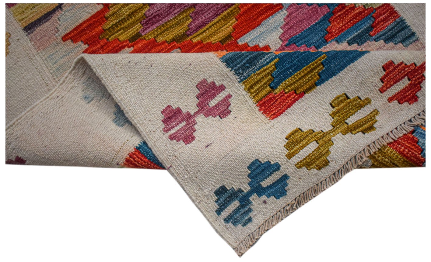 Afghan Maimana Kilim Runner with geometric patterns in red, blue, yellow, and pink.
