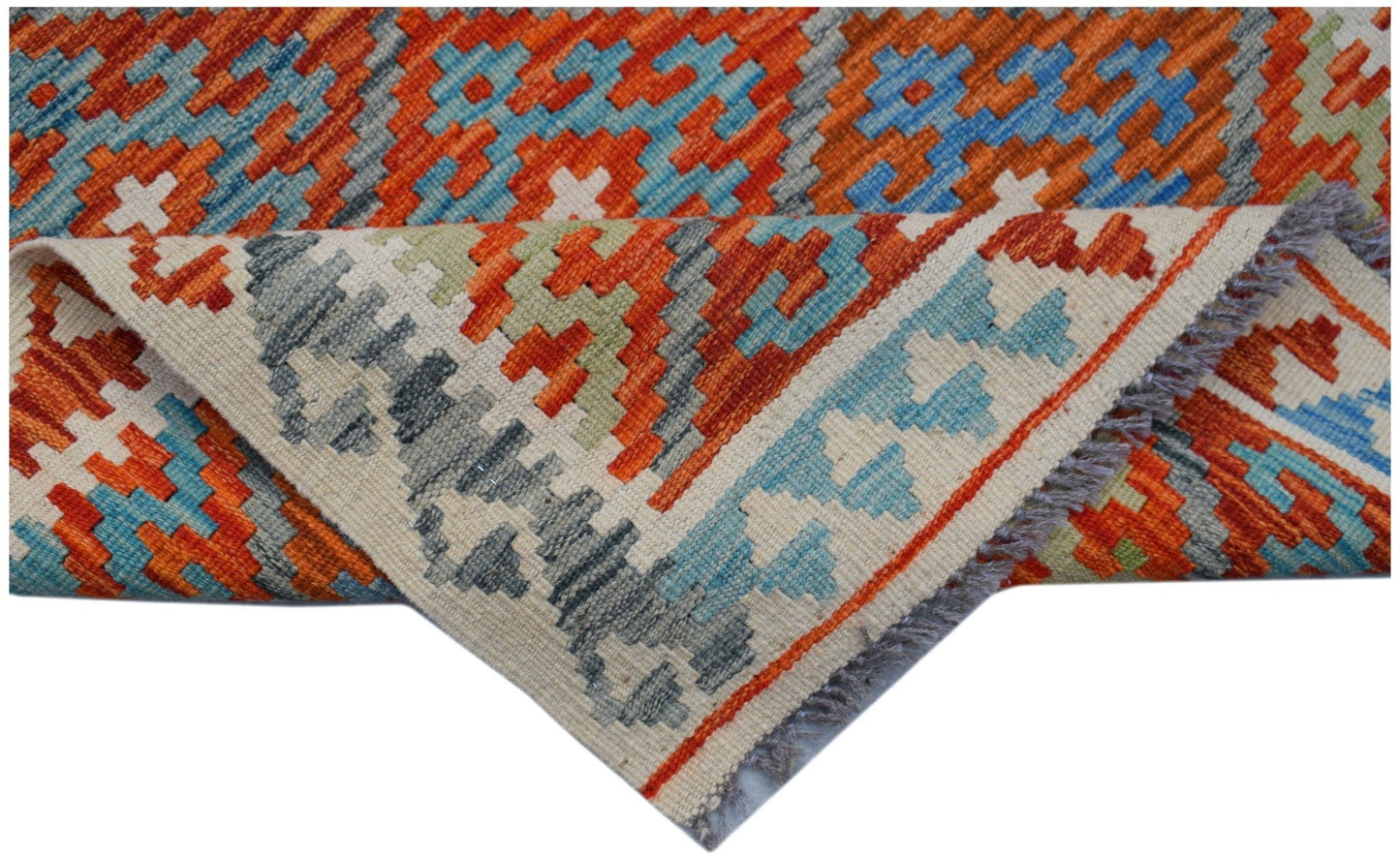Handwoven Afghan Maimana wool runner featuring a geometric pattern in orange, blue, and grey.