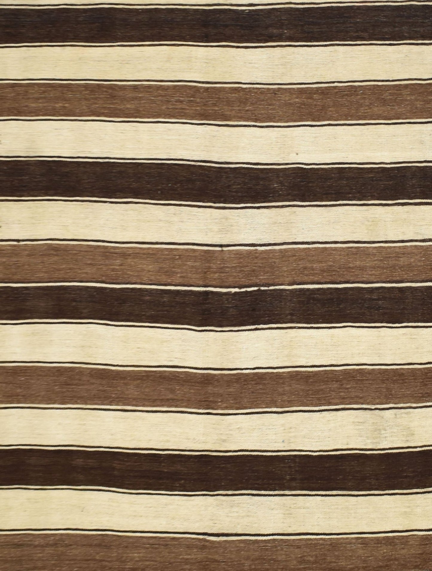Handmade Afghan Maimana kilim rug featuring horizontal stripes in natural brown and cream tones.
