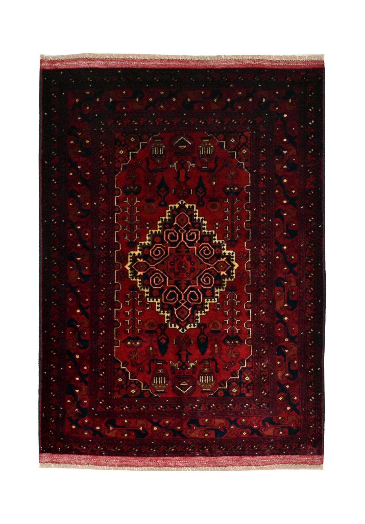 Handmade Afghan Biljik rug featuring a deep red field with intricate geometric patterns.