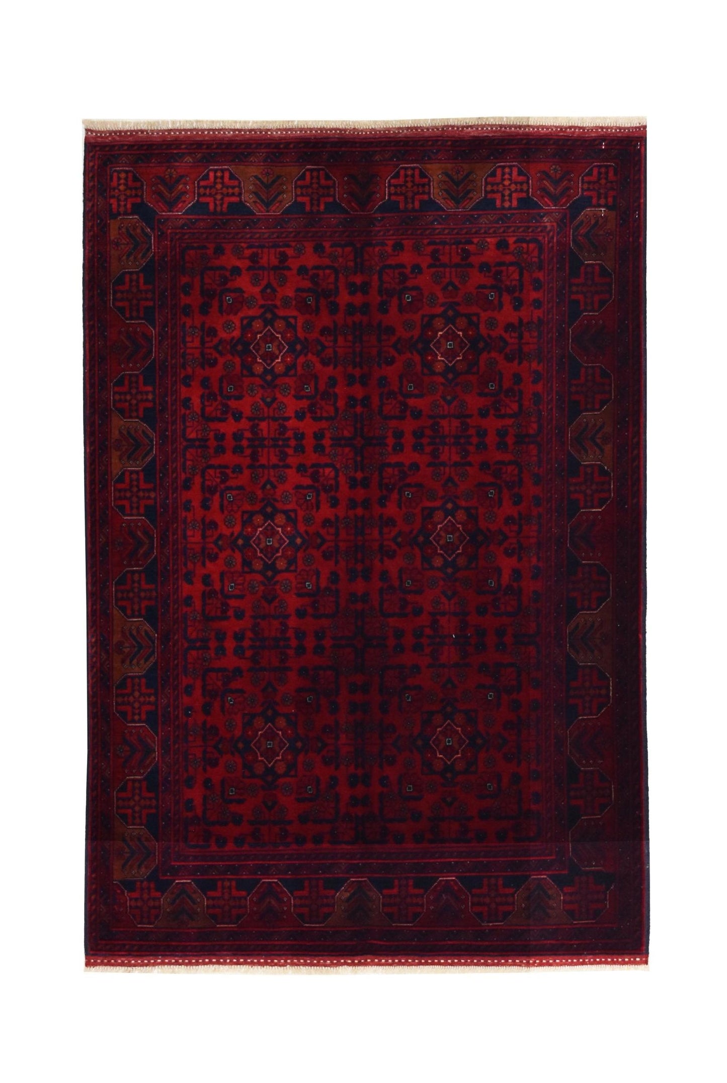 Handmade Afghan Biljik rug featuring a deep red field with intricate geometric patterns.