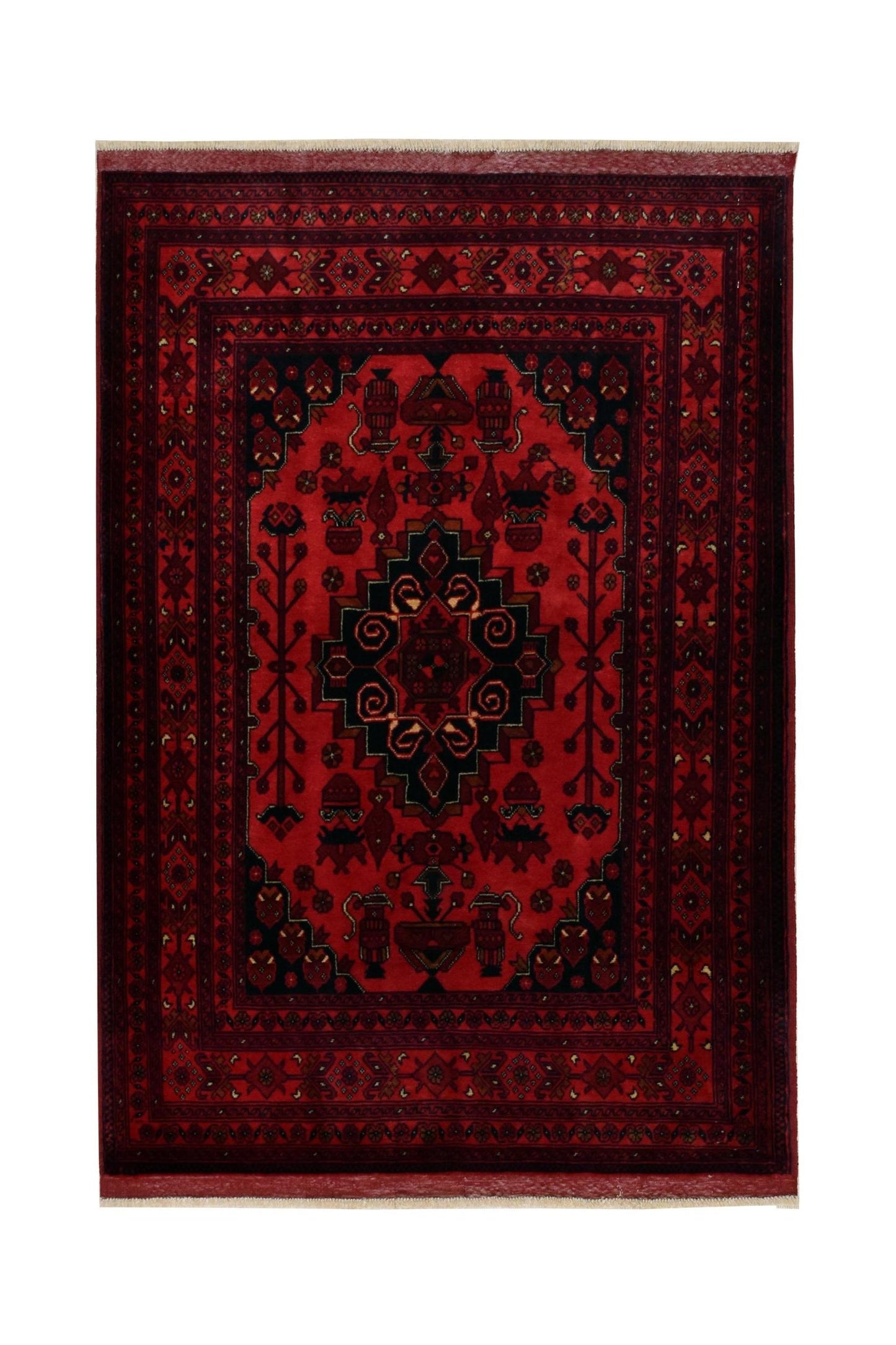 A handmade Afghan Biljik rug featuring a deep red field with intricate black geometric patterns.