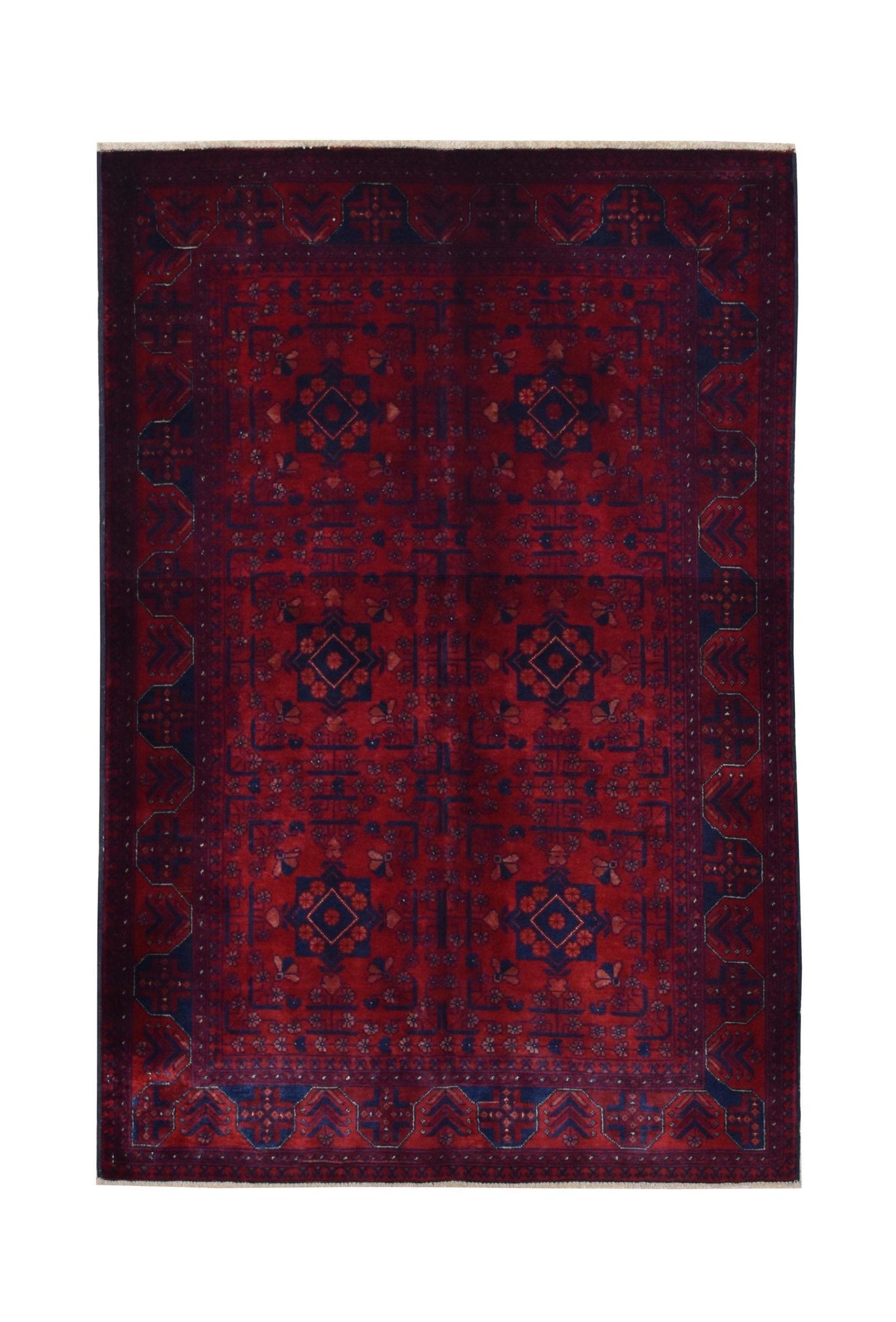 A handmade Afghan Biljik rug featuring a deep red field with blue geometric patterns and borders.