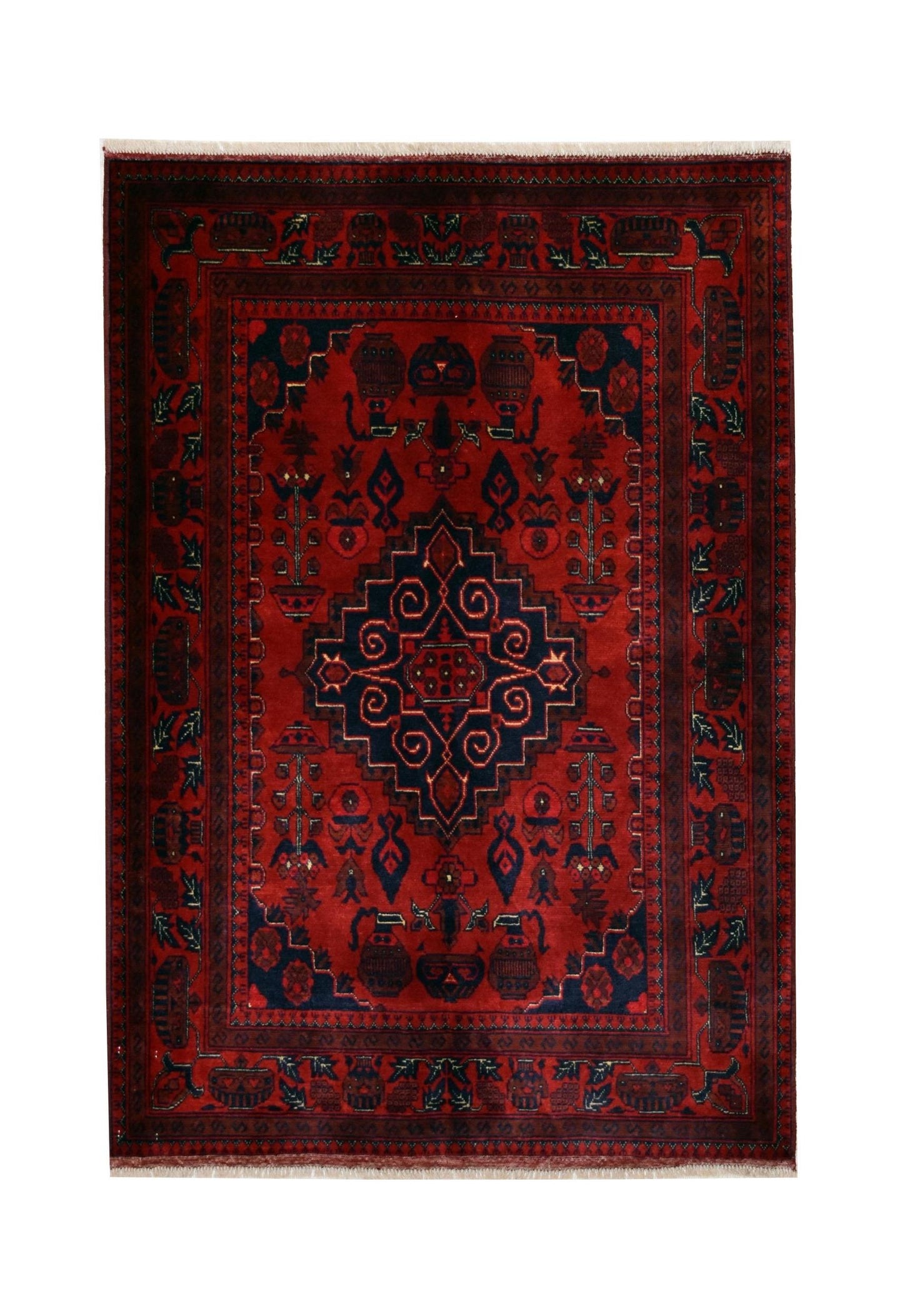 An Afghan Biljik rug featuring a deep red background with intricate blue geometric patterns.