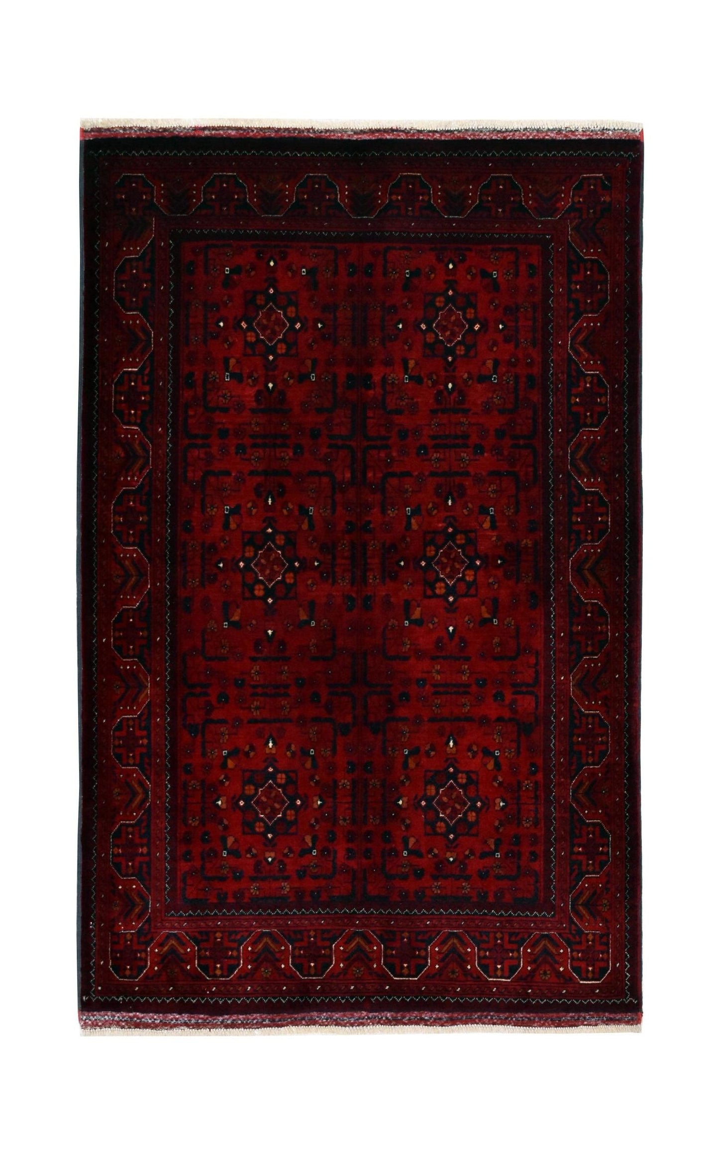 Handmade Afghan Biljik rug featuring a deep red field with geometric patterns and dark blue borders.