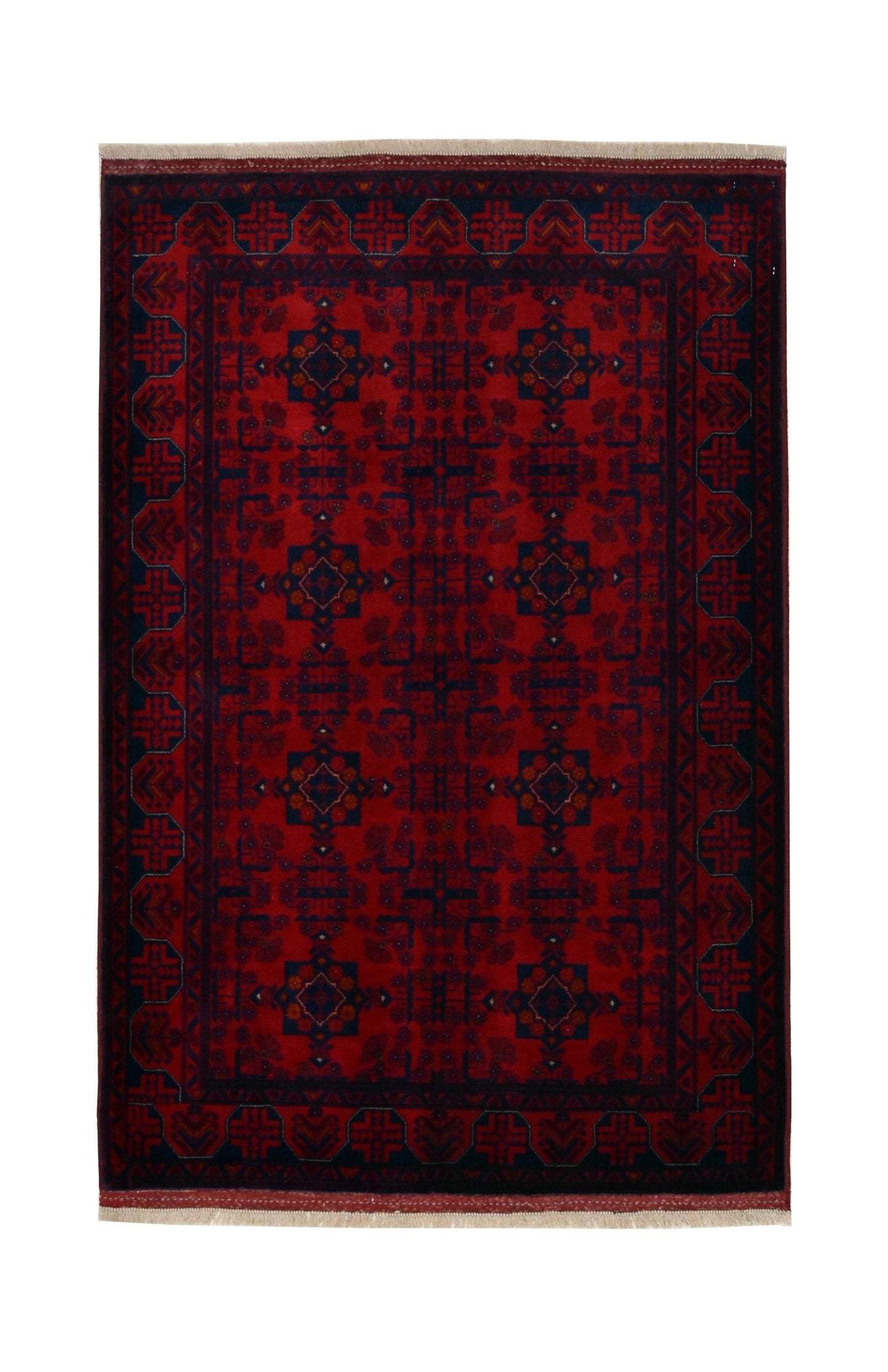 Handmade Afghan Biljik rug featuring a deep red field with intricate blue geometric patterns.