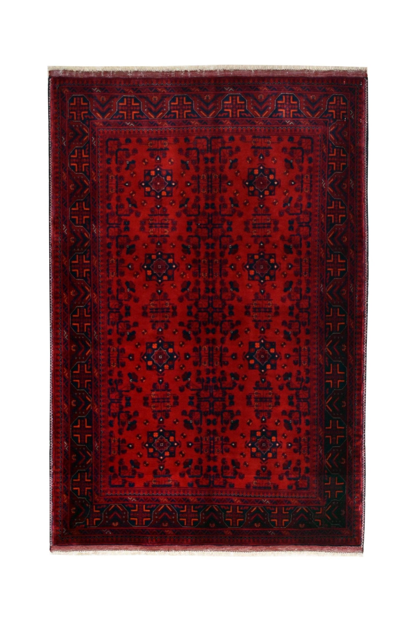Handmade Afghan Biljik rug featuring a deep red field with intricate blue geometric patterns.