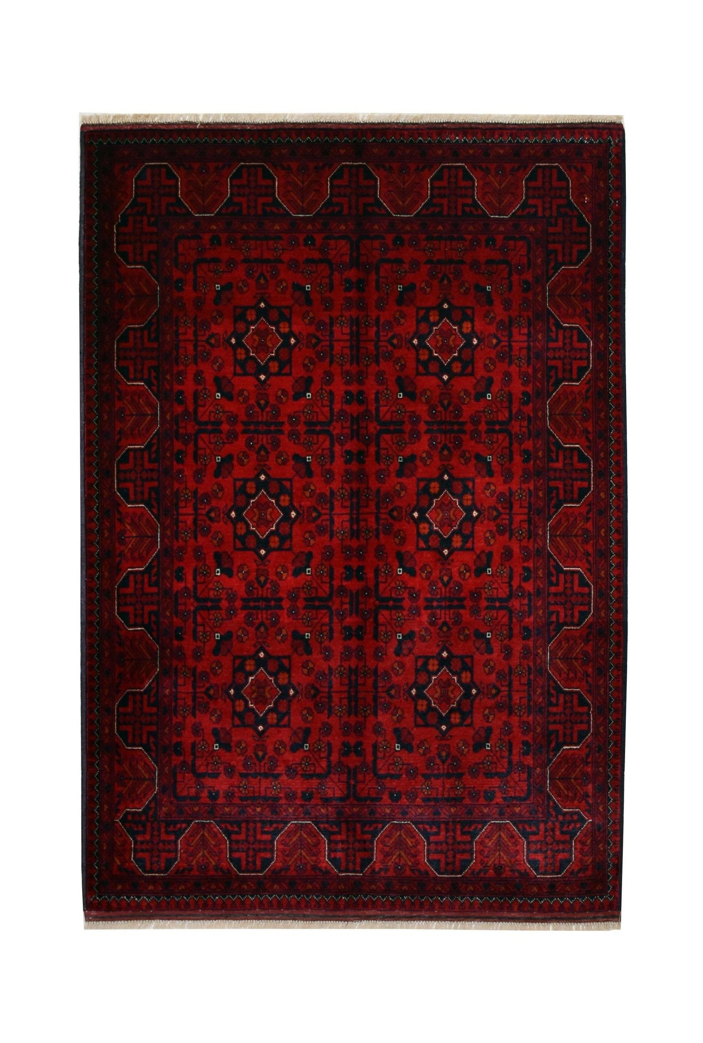 Handmade Afghan Biljik rug featuring a deep red field with intricate geometric patterns in blue.