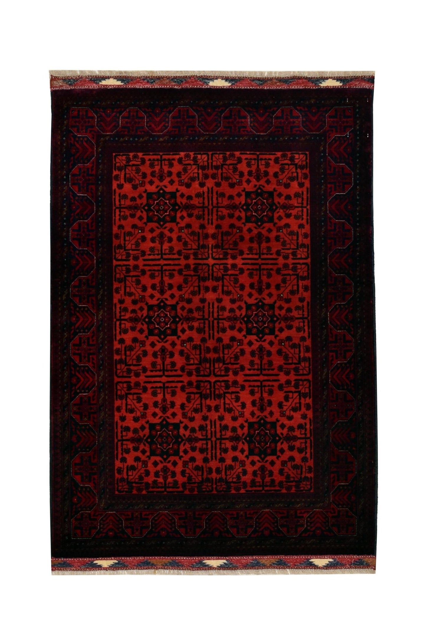 An Afghan Biljik rug featuring a deep red field with intricate black geometric floral patterns.