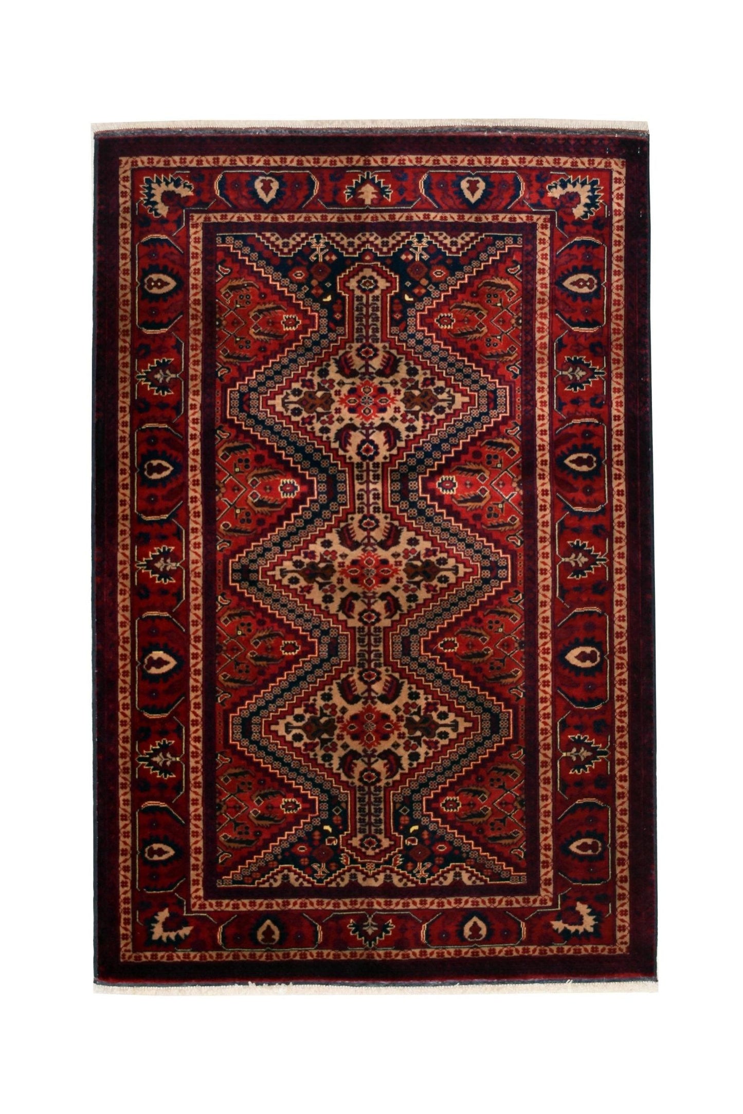 Handmade Afghan Biljik rug featuring a geometric pattern in deep red and blue tones.