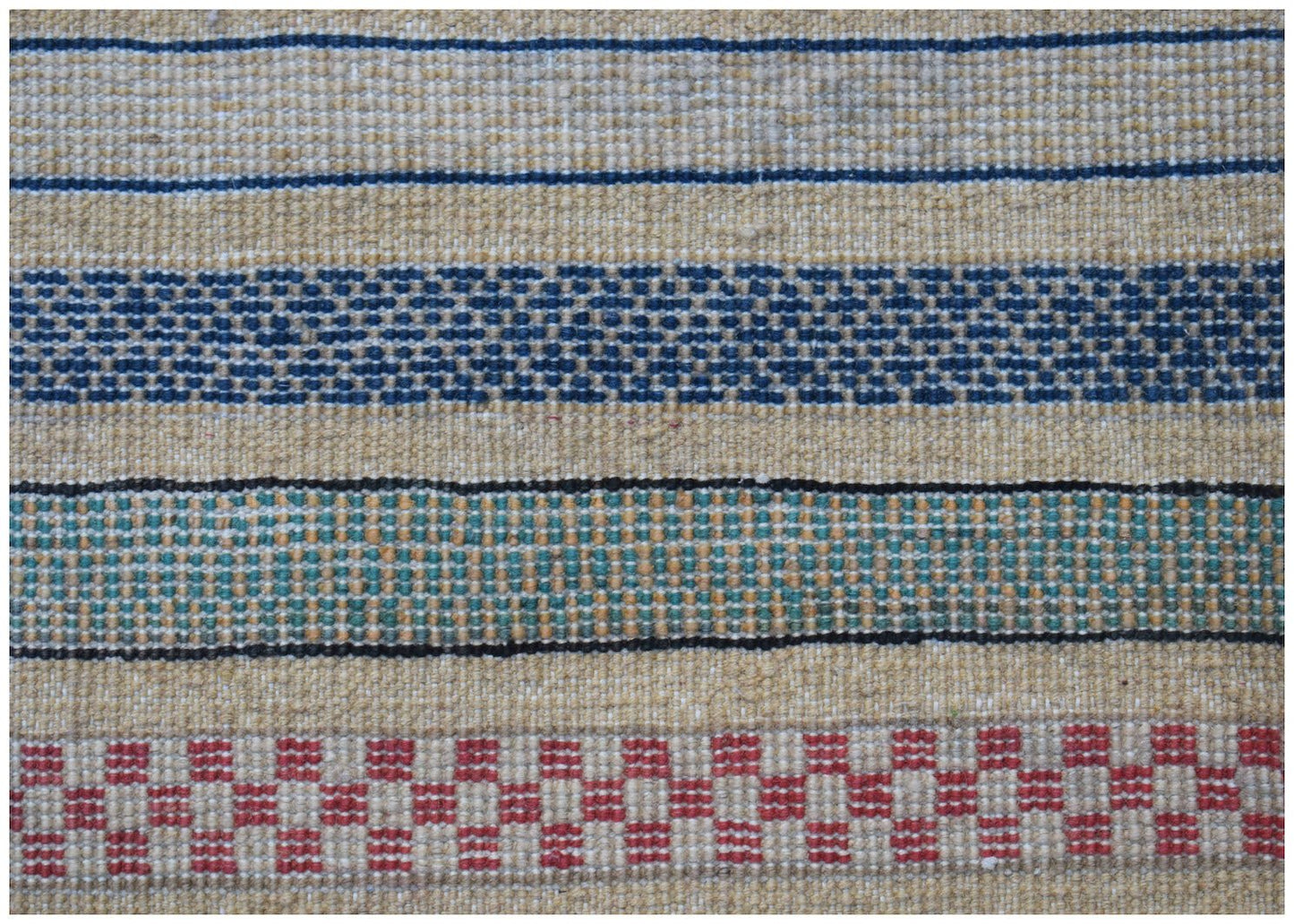 An Afghan Yekta runner featuring horizontal stripes in blue, green, and red on a tan wool base.