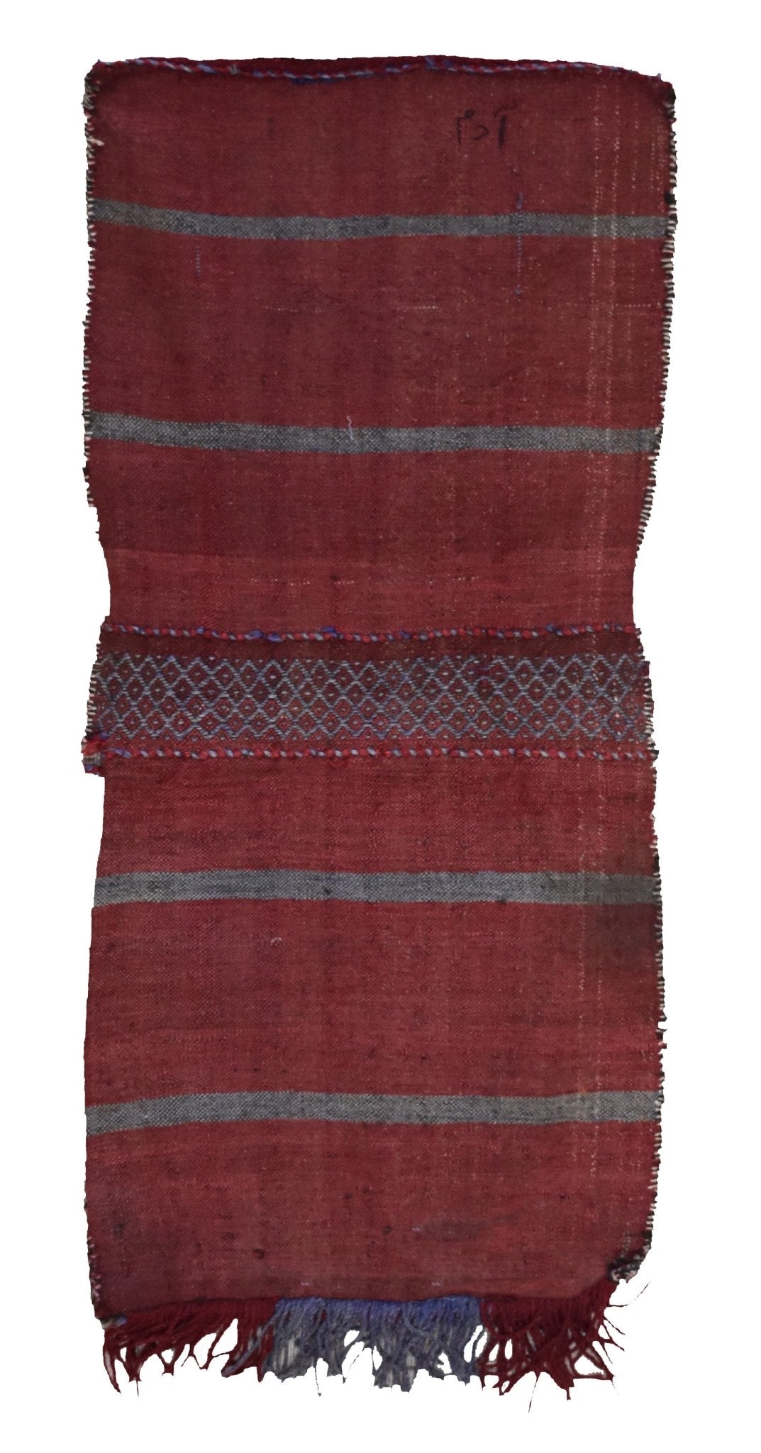 A handmade vintage Afghan wool saddle bag featuring red and grey stripes with a geometric band.