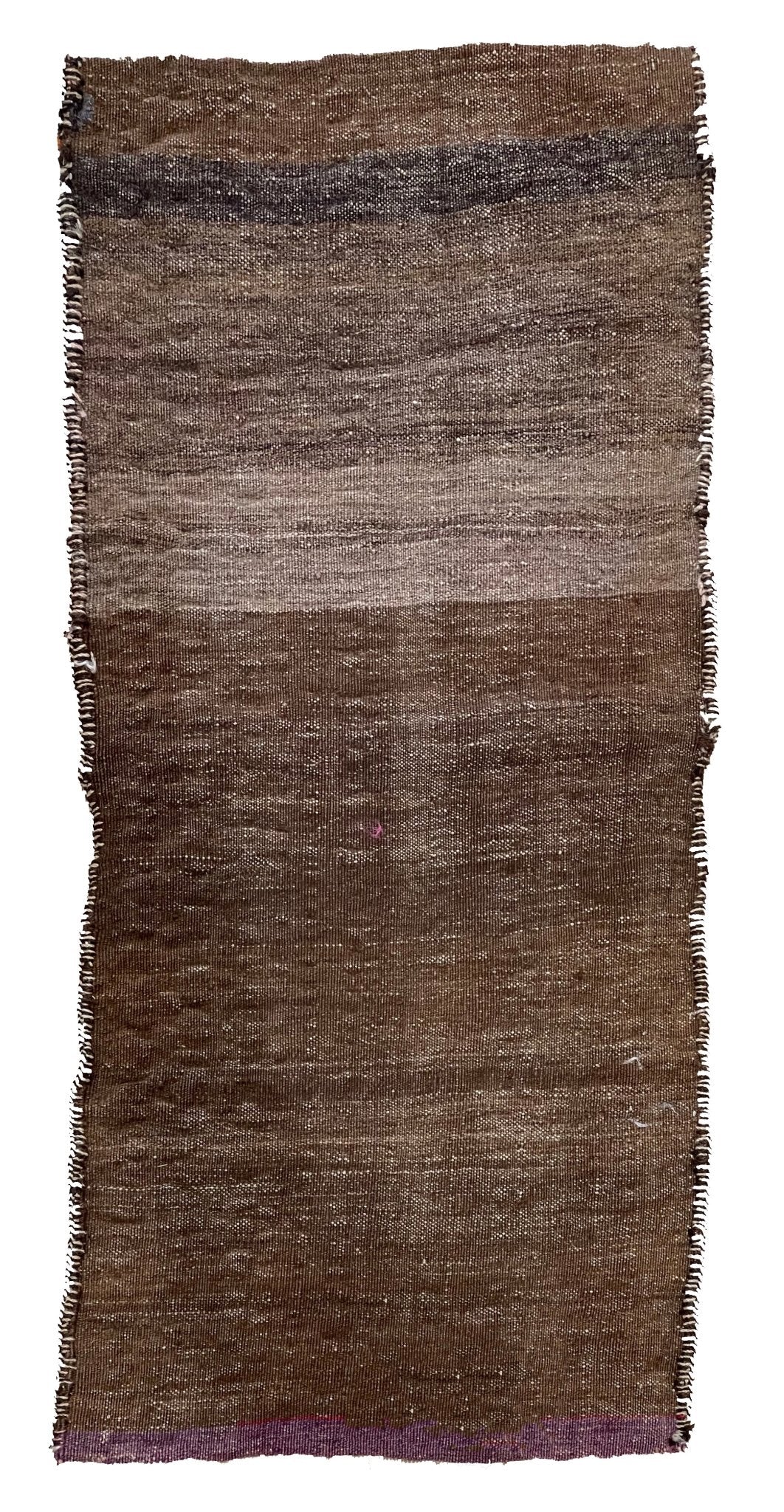 A vintage handmade Afghan wool saddle bag featuring horizontal brown and purple stripes.