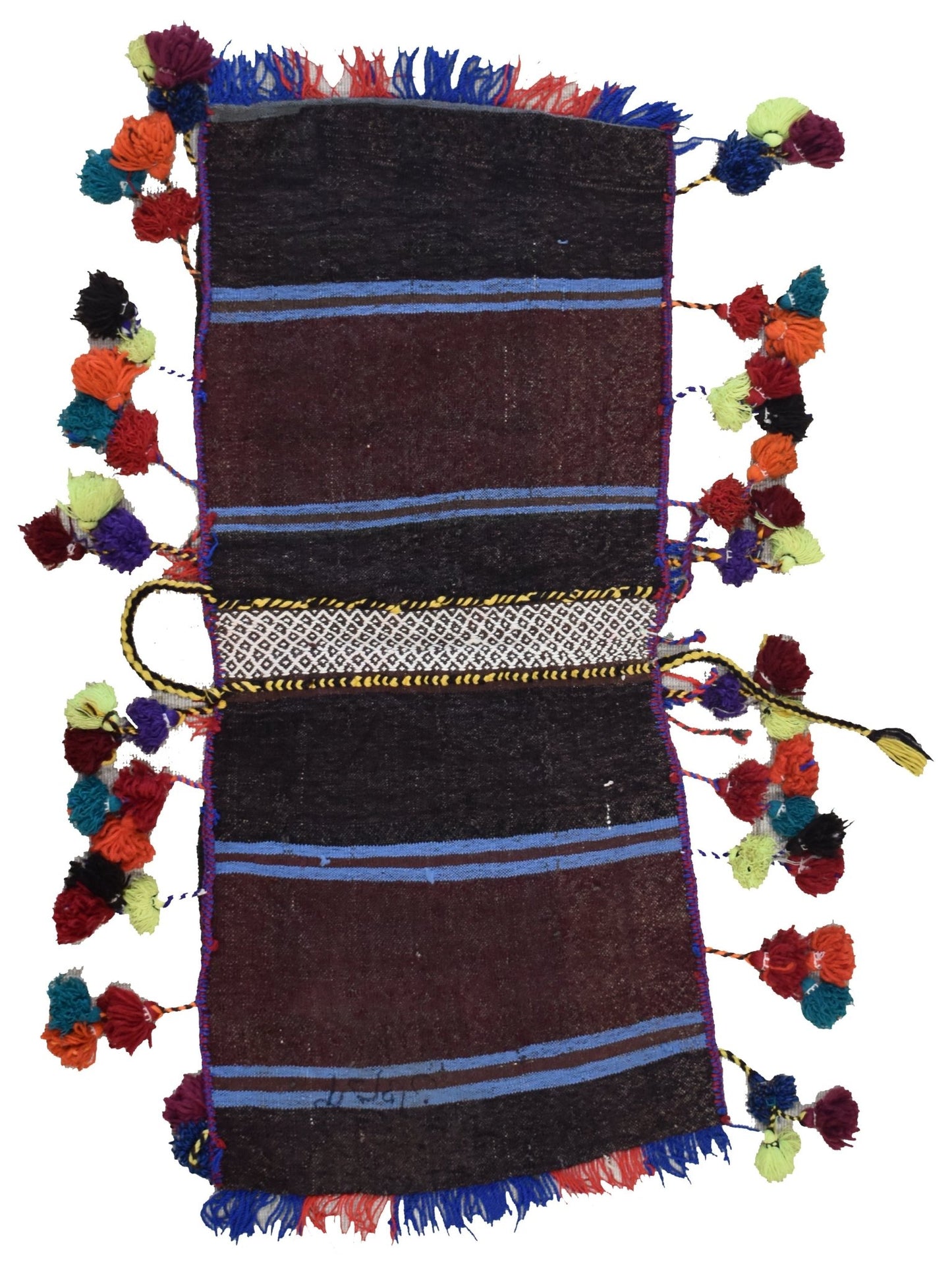 A vintage handmade Afghan wool saddle bag featuring dark striped fabric and colorful tassels.