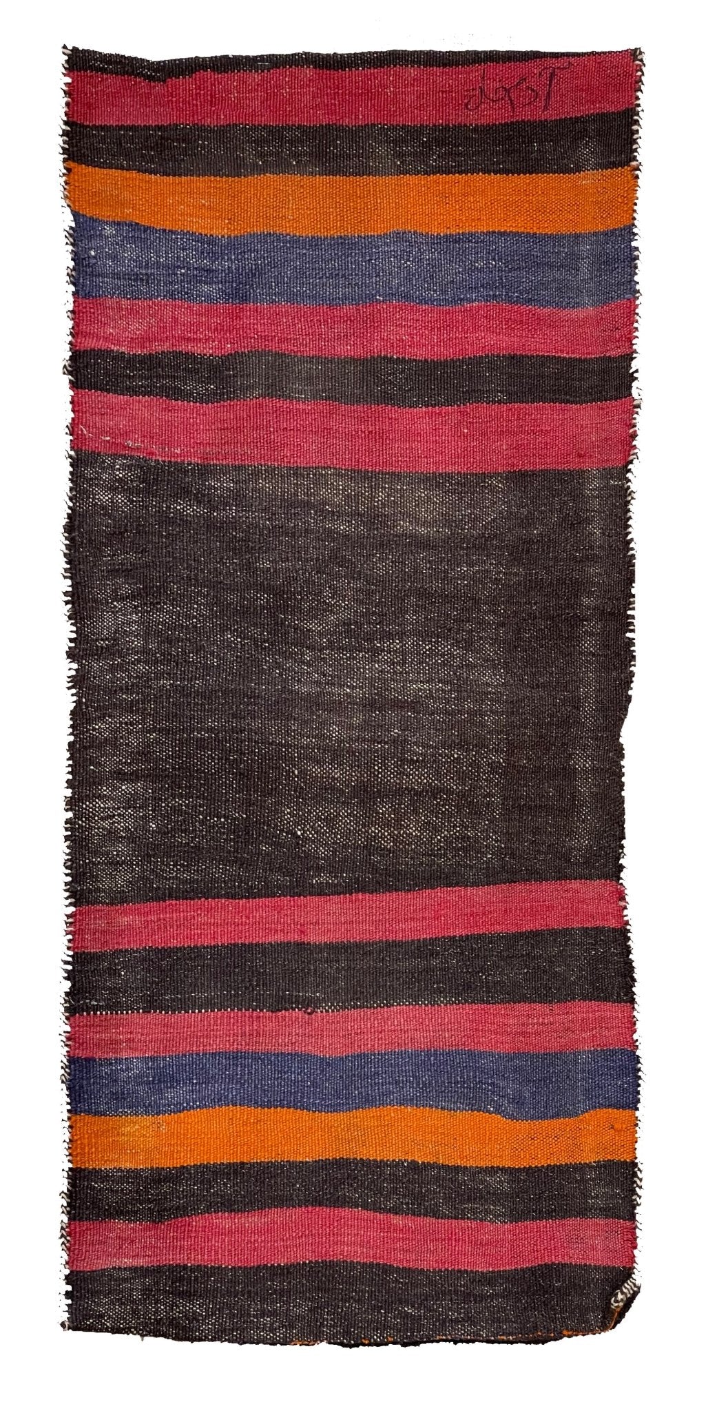 A handmade vintage Afghan wool saddle bag featuring horizontal stripes in black, red, blue, and orange.