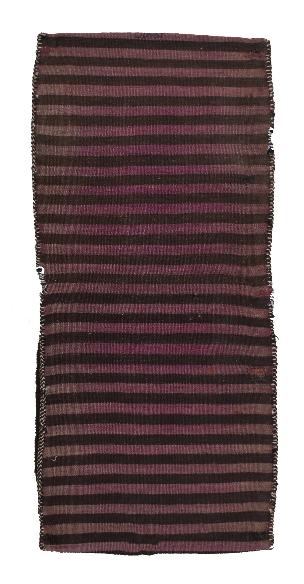 A vintage handmade Afghan wool saddle bag featuring a striped pattern in purple and dark brown.