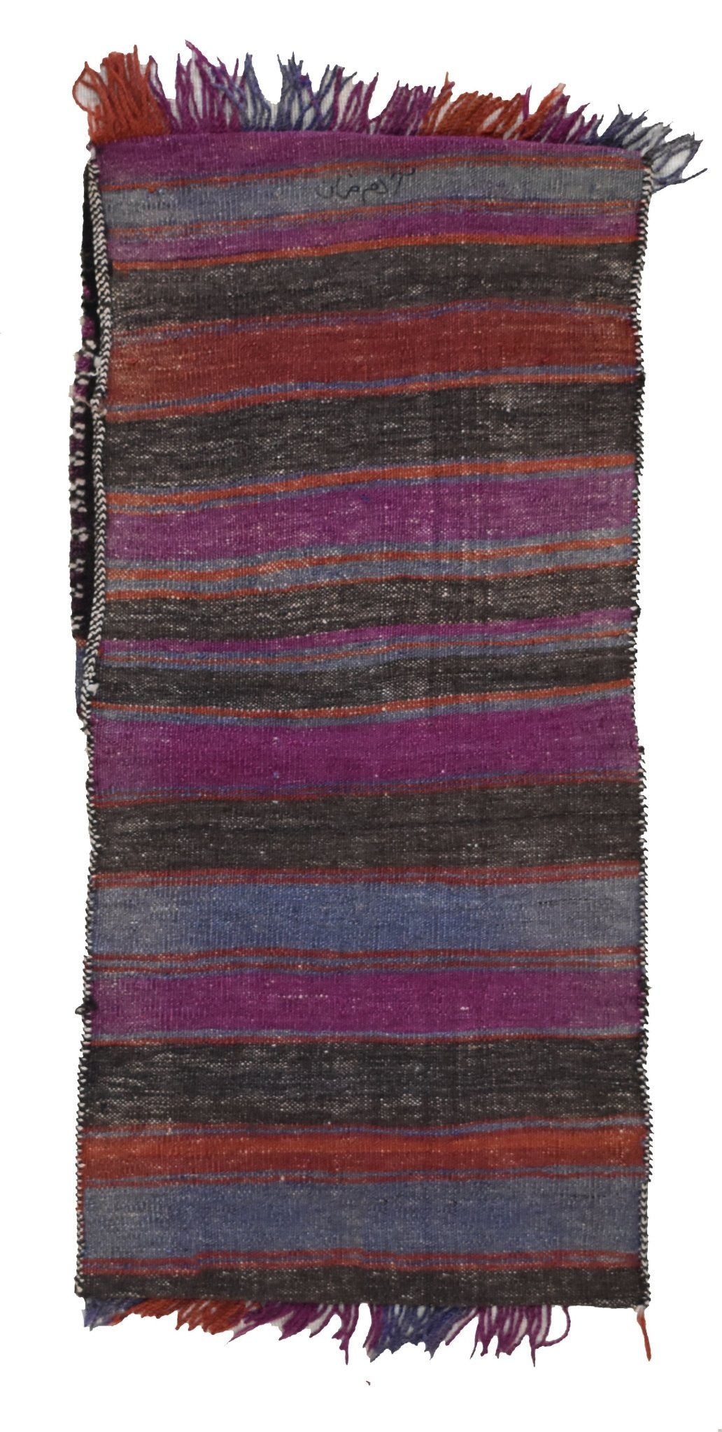 A handmade vintage Afghan wool saddle bag featuring horizontal stripes in purple, red, and grey.