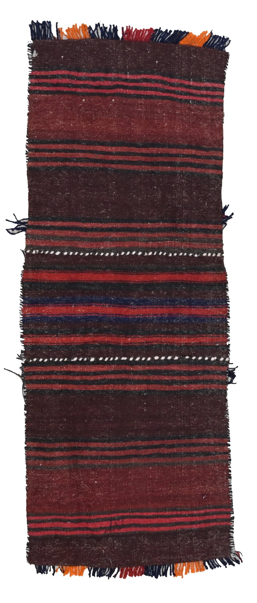 A handmade vintage Afghan wool saddle bag featuring horizontal stripes in red, black, and blue.