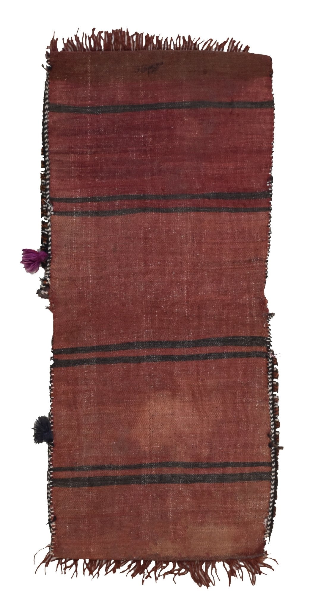 A handmade vintage Afghan wool saddle bag featuring red tones with black horizontal stripes.