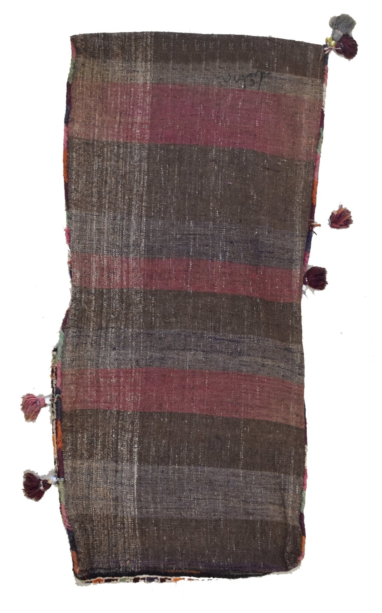 A vintage handmade Afghan wool saddle bag featuring brown and maroon striped patterns with tassels.