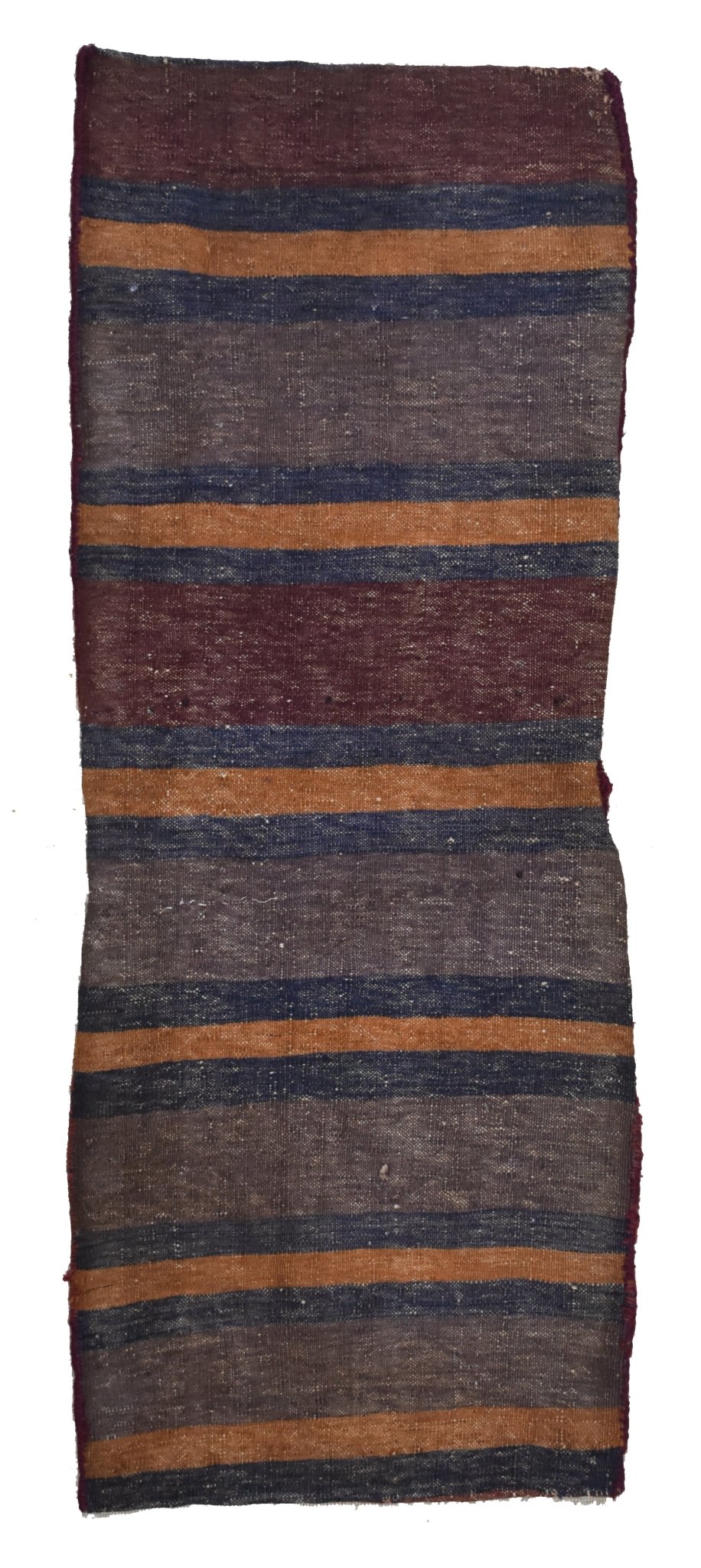 A vintage handmade Afghan wool saddle bag featuring horizontal stripes in earthy tones.