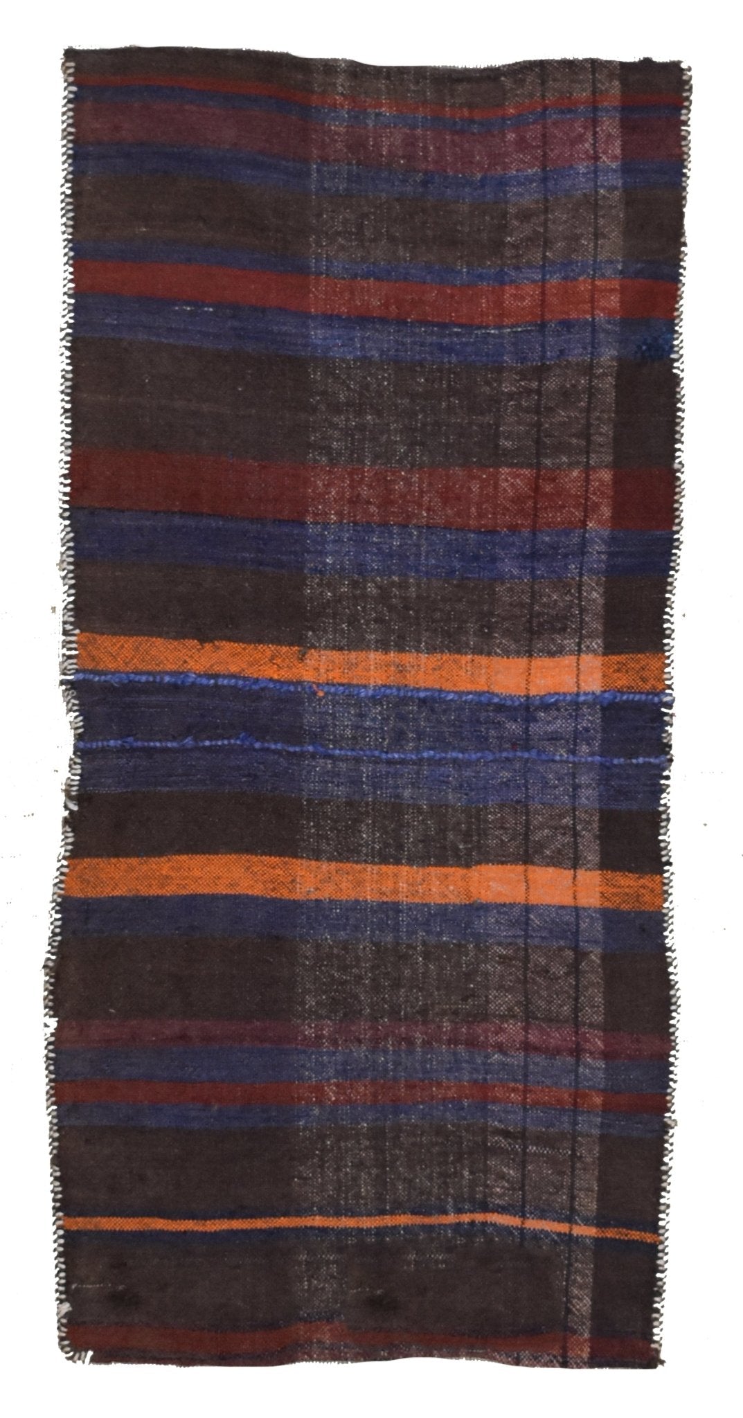 A rectangular vintage Afghan wool saddle bag featuring horizontal stripes in brown, red, and blue.