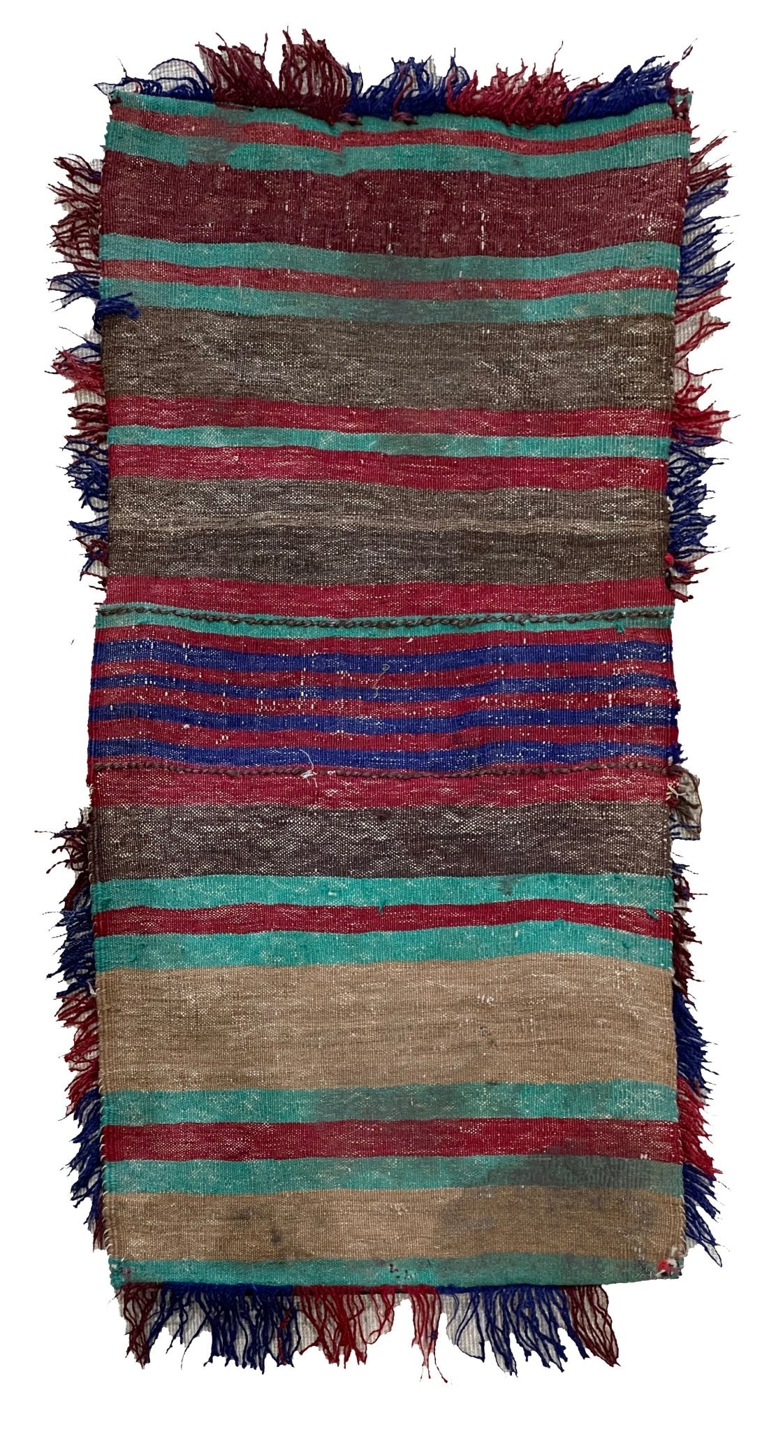 A handmade vintage Afghan wool saddle bag featuring colorful horizontal stripes and fringed edges.