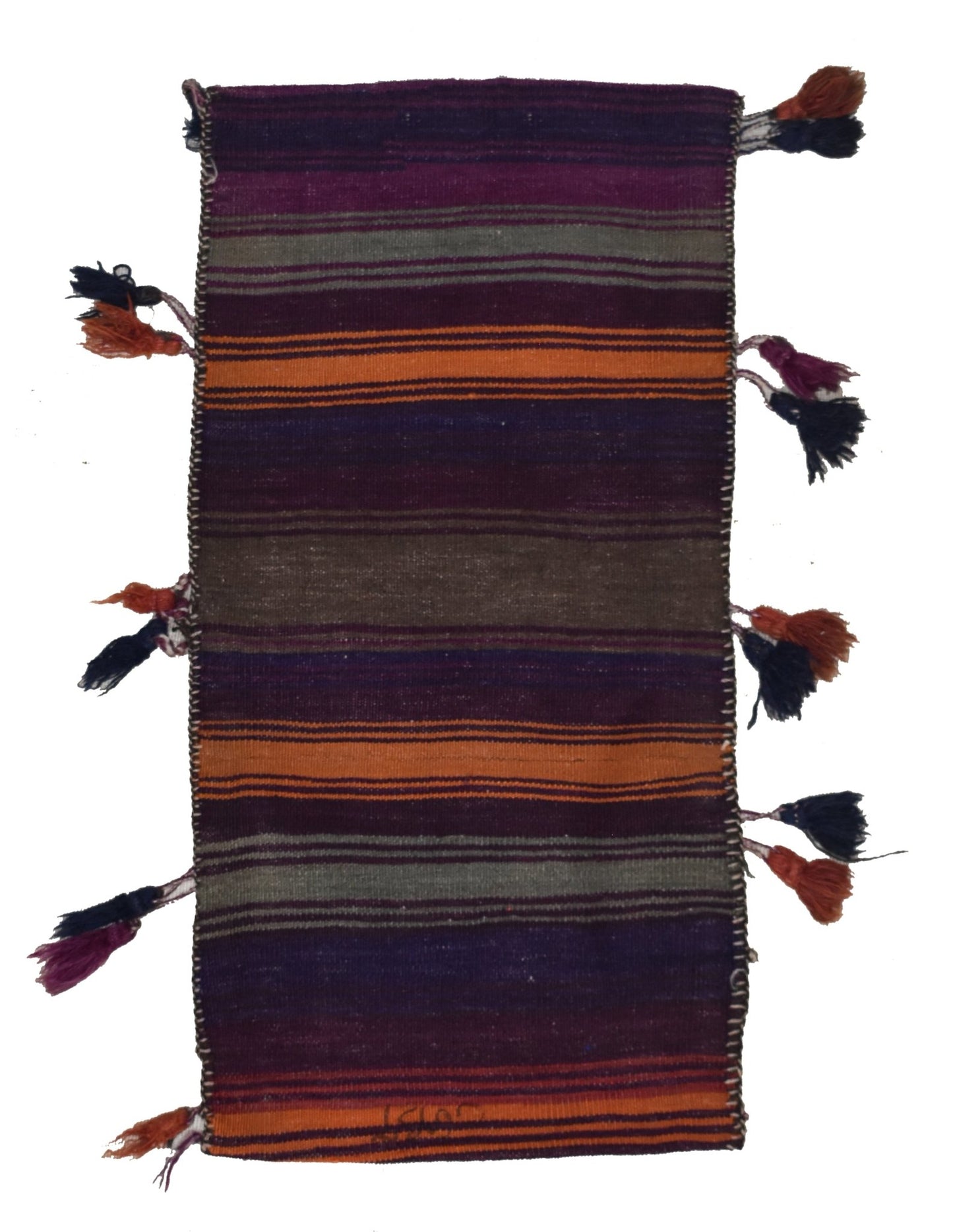 A vintage handmade Afghan wool saddle bag featuring horizontal stripes and decorative tassels.