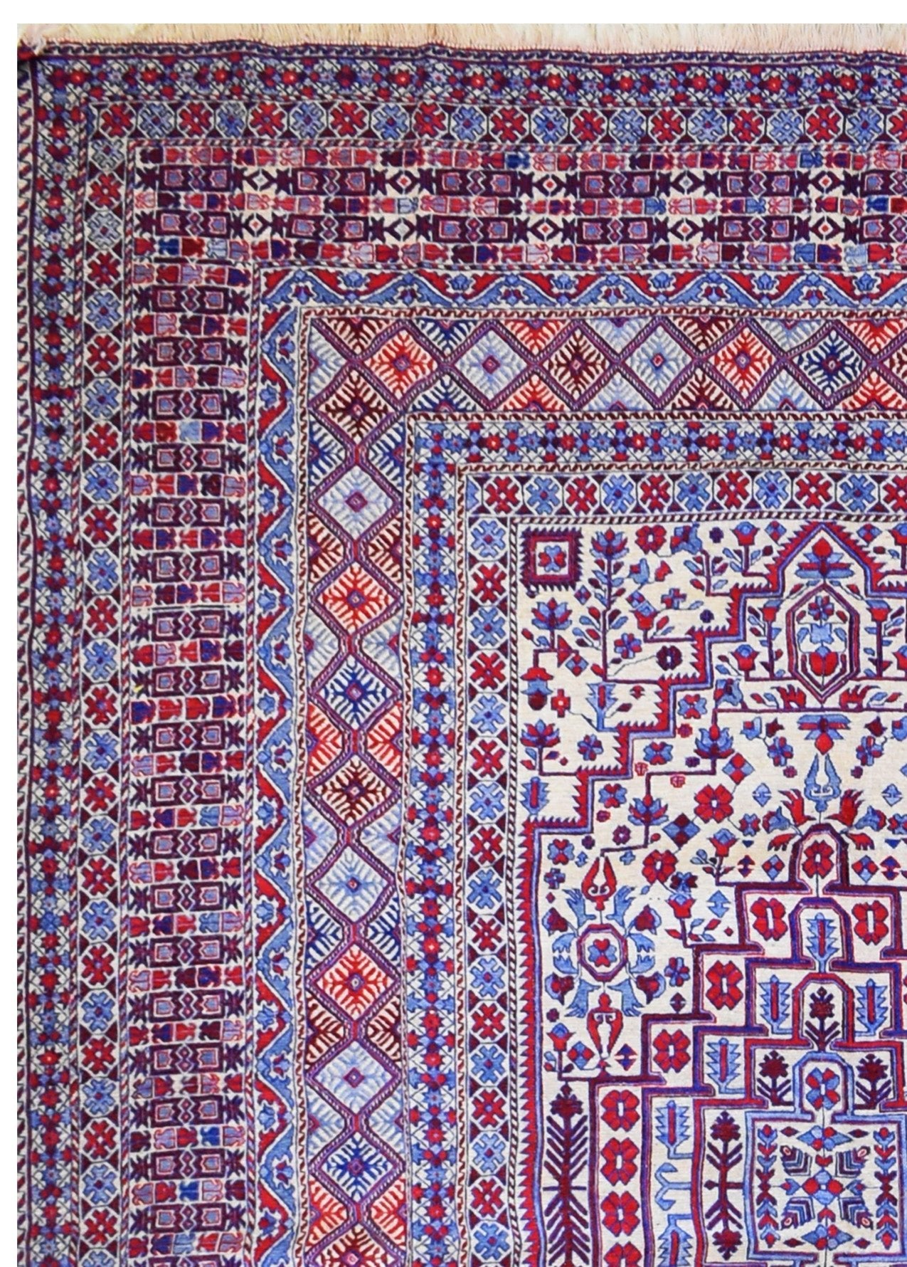A vintage Afghan wool kilim rug featuring intricate geometric patterns in red, blue, and cream.