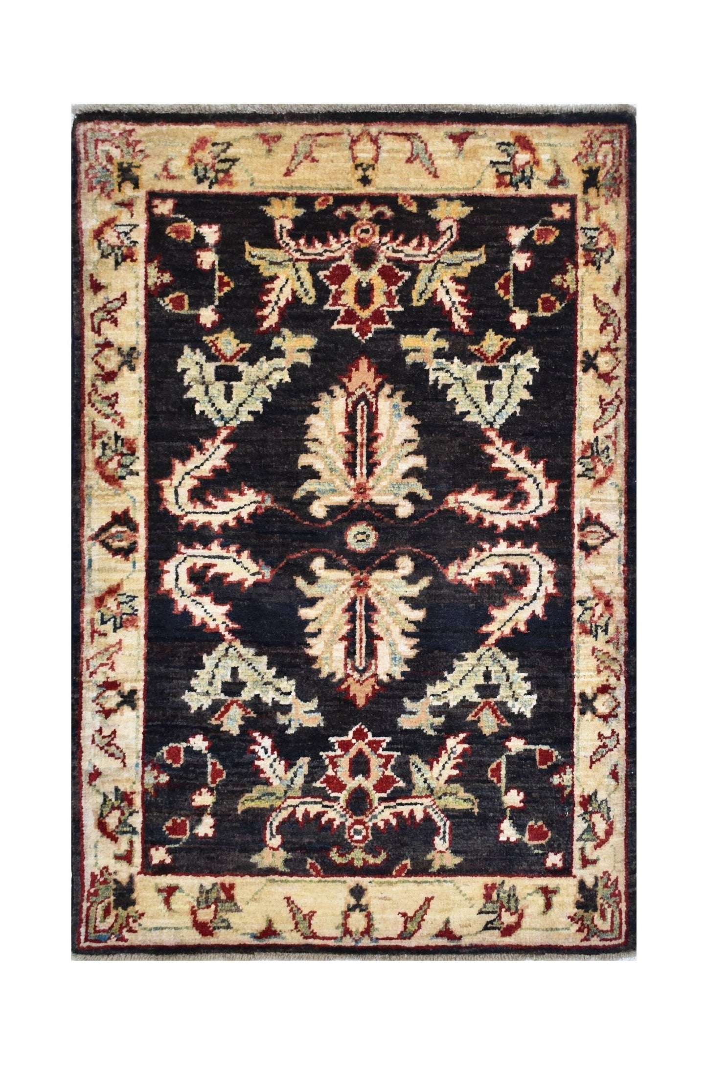 A rectangular handmade Afghan Chobi rug featuring a dark field with traditional floral motifs.