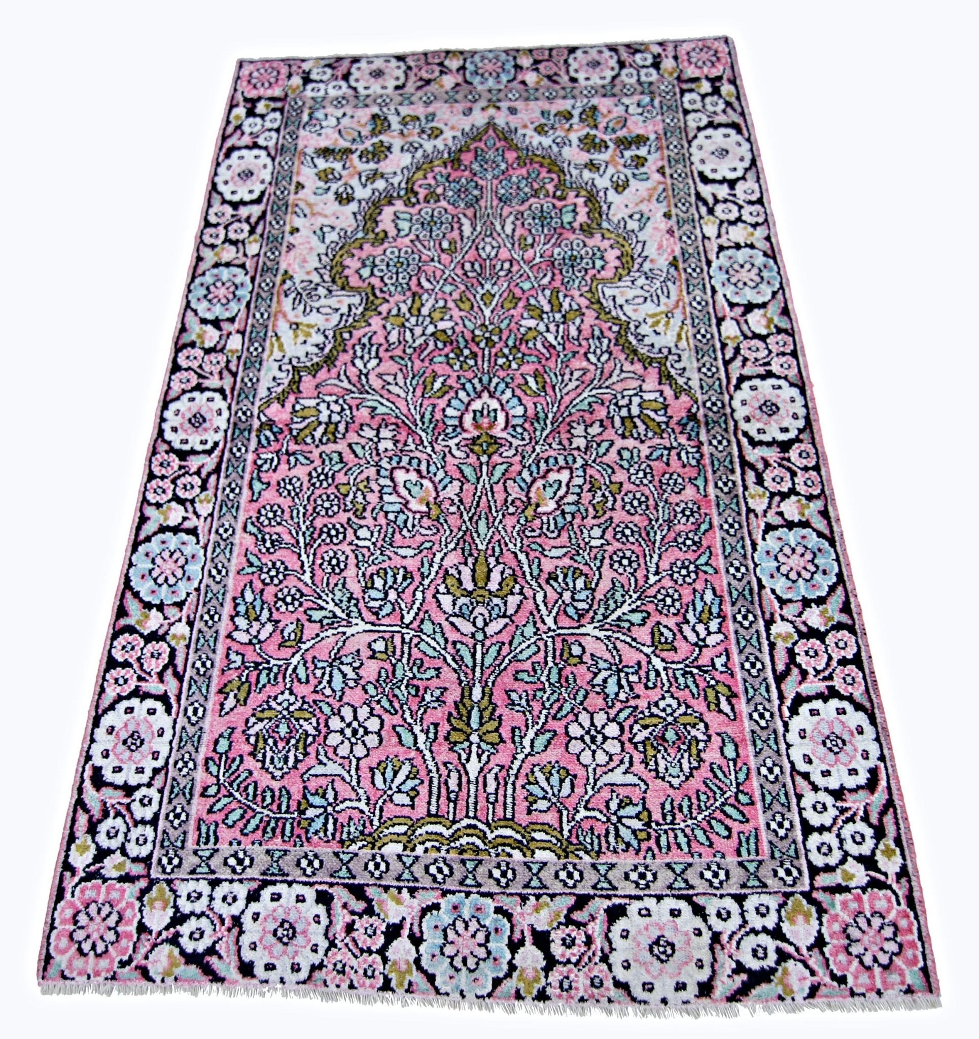 Handmade Mini Vintage Silk Kashmiri Rug | 108 x 70 cm | 3'7" x 2'3" - Najaf Rugs & Textile
