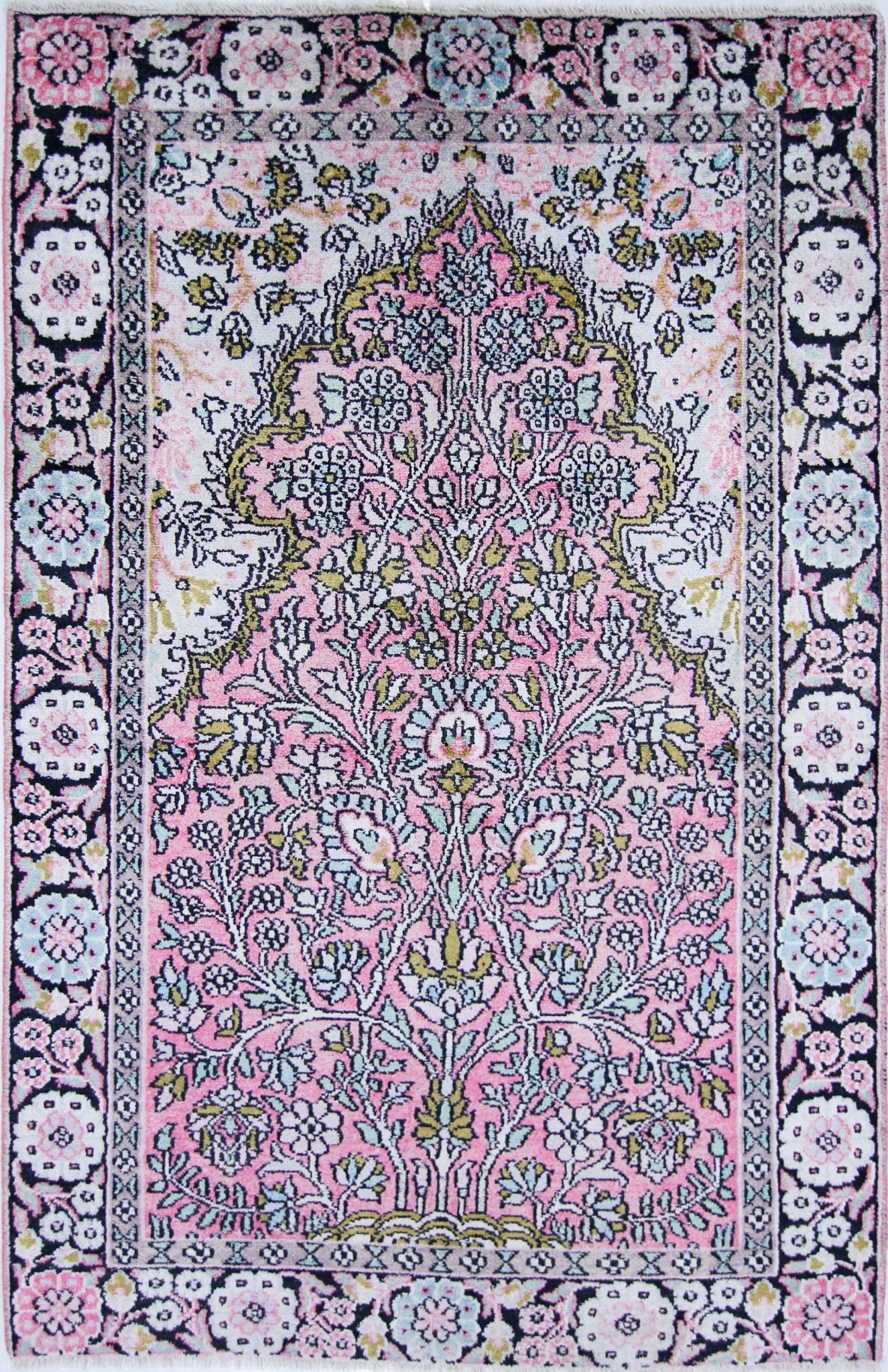 Handmade Mini Vintage Silk Kashmiri Rug | 108 x 70 cm | 3'7" x 2'3" - Najaf Rugs & Textile