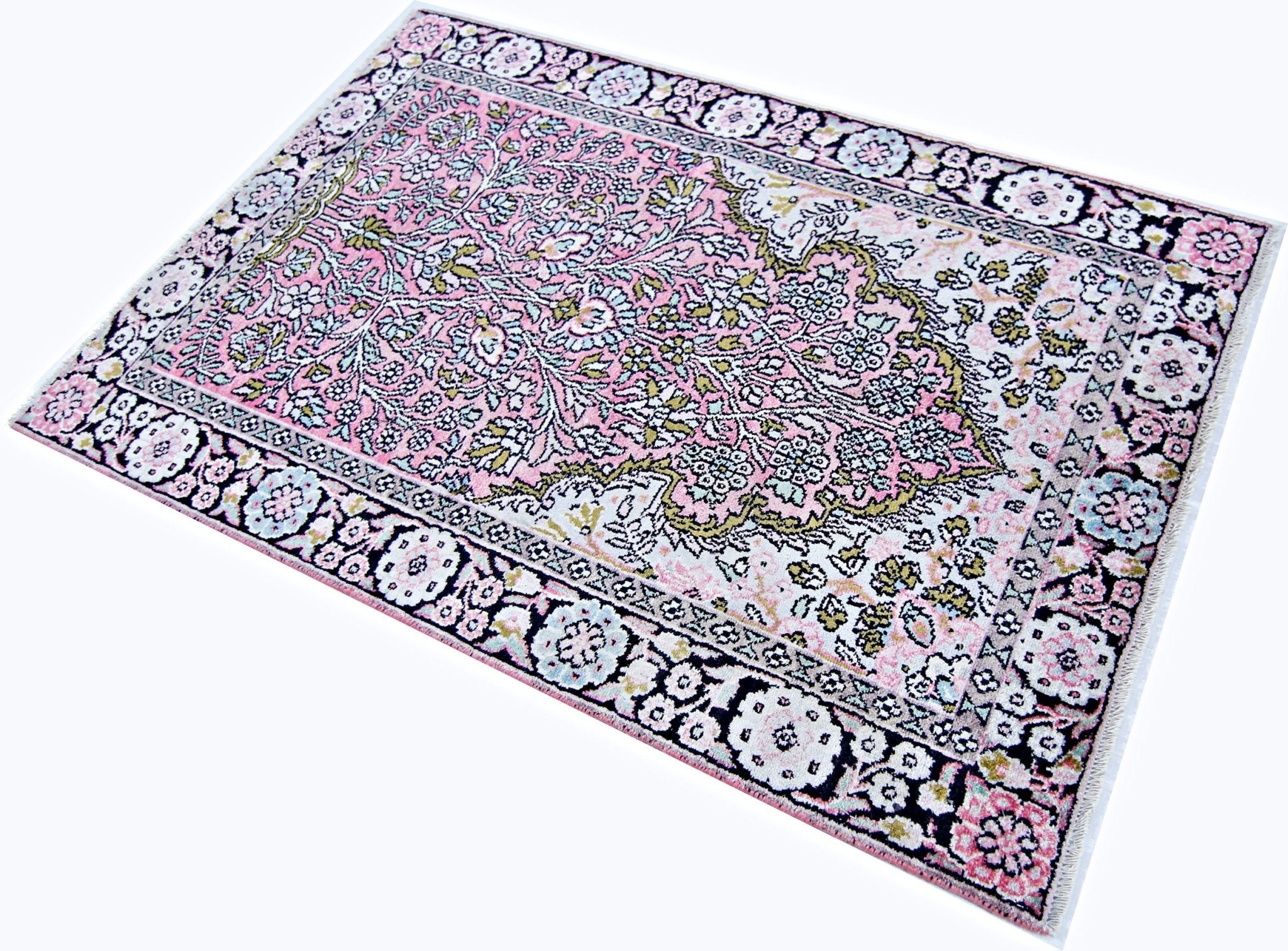 Handmade Mini Vintage Silk Kashmiri Rug | 108 x 70 cm | 3'7" x 2'3" - Najaf Rugs & Textile