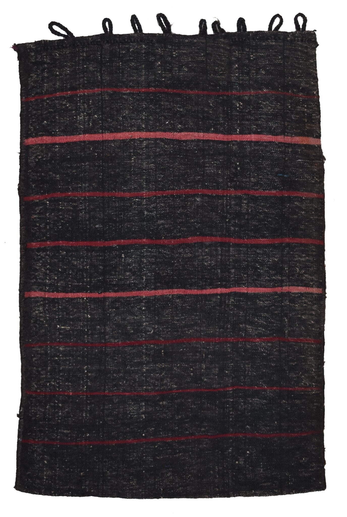 A rectangular, handmade vintage Afghan Baluch wool cushion featuring black fabric with red stripes.
