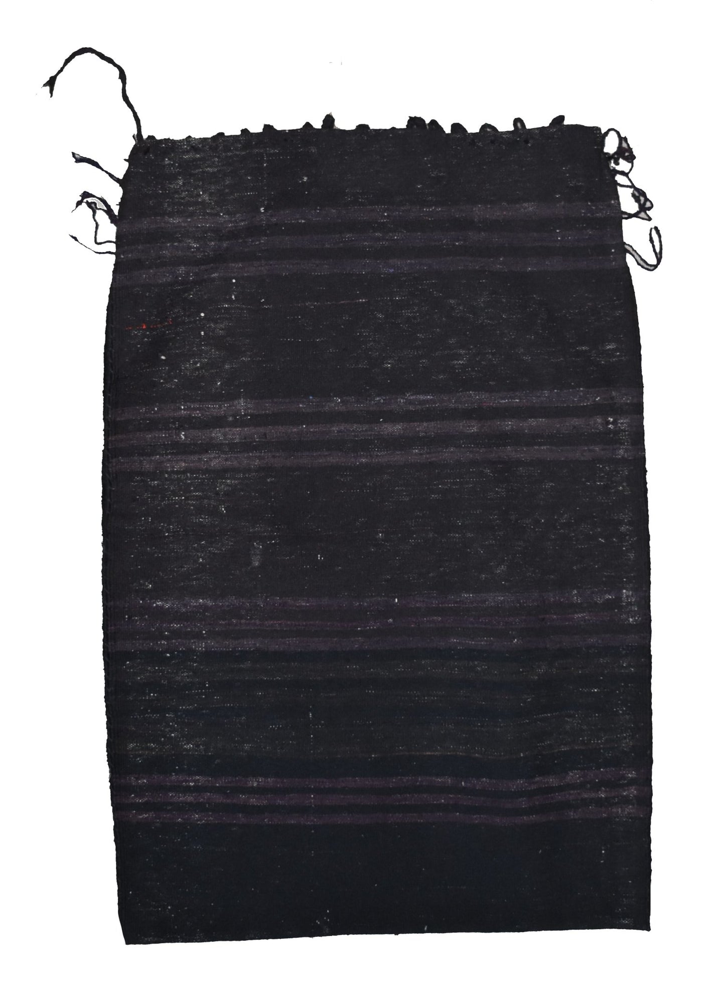 A rectangular, handmade vintage Afghan Baluch wool cushion featuring dark striped patterns.